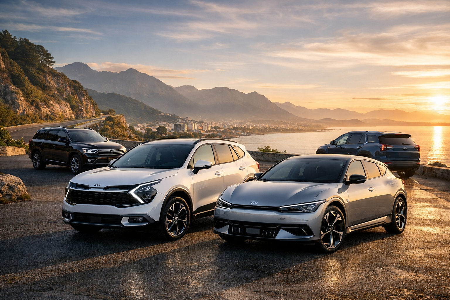 Gamme Kia 2026 avec SUV Sportage, EV6 électrique, Sorento familial, Niro hybride et EV9 premium stationnés en extérieur, design moderne et lignes dynamiques