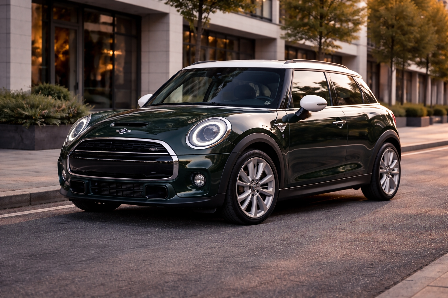 Mini Cooper 5 portes gris métallisé vue de trois-quarts avant sur route urbaine, design iconique et silhouette compacte