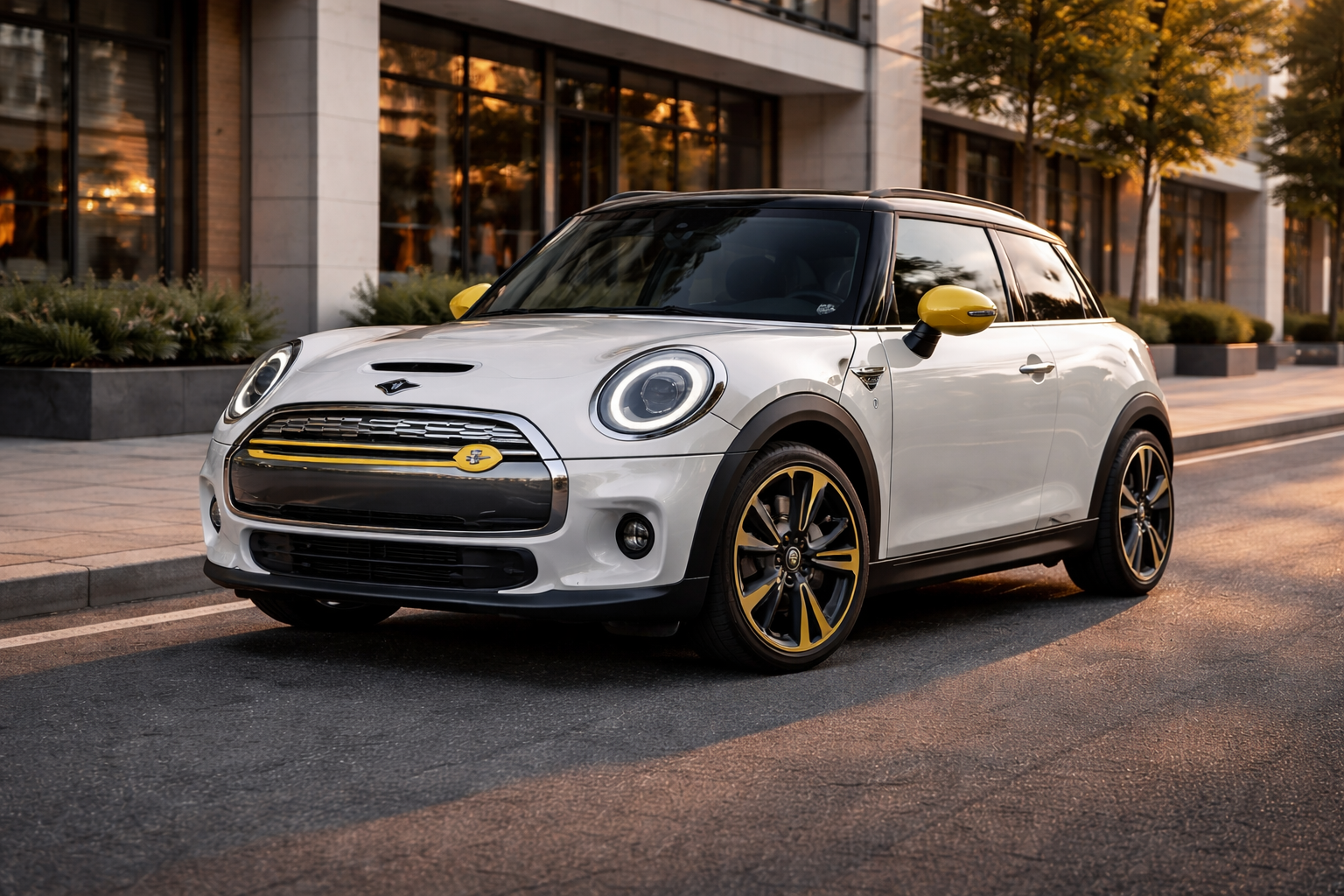 Mini Cooper SE électrique blanche en conduite urbaine, vue de trois-quarts avant, design compact et moderne en environnement urbain européen