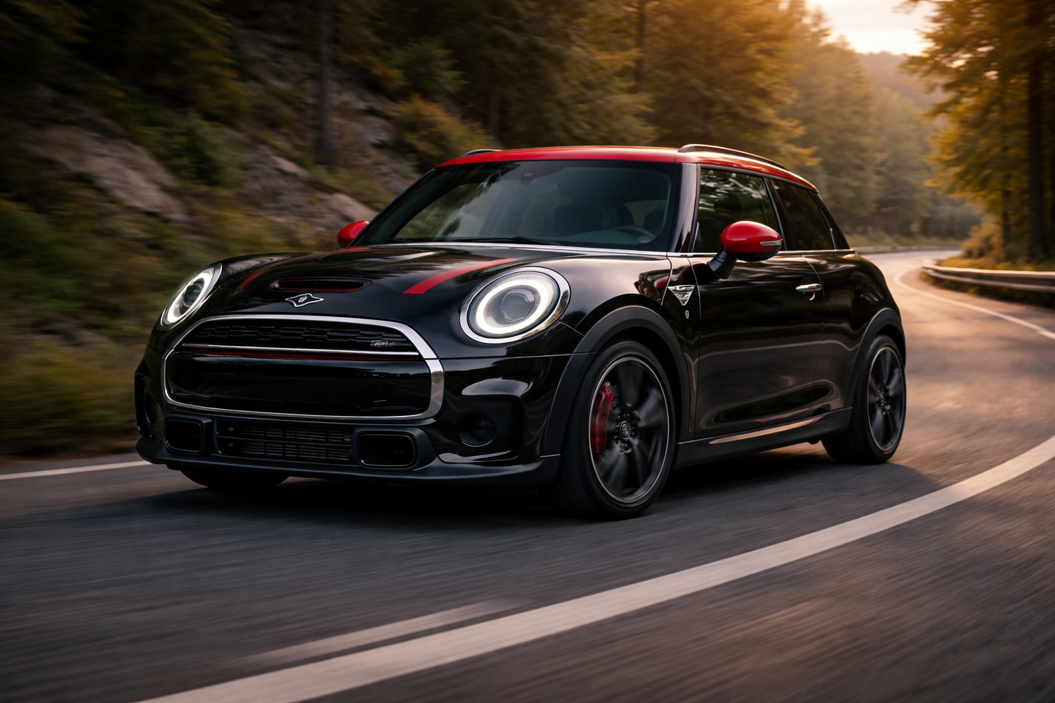 Mini John Cooper Works noire en conduite sportive sur route, version JCW essence au design agressif et performances élevées