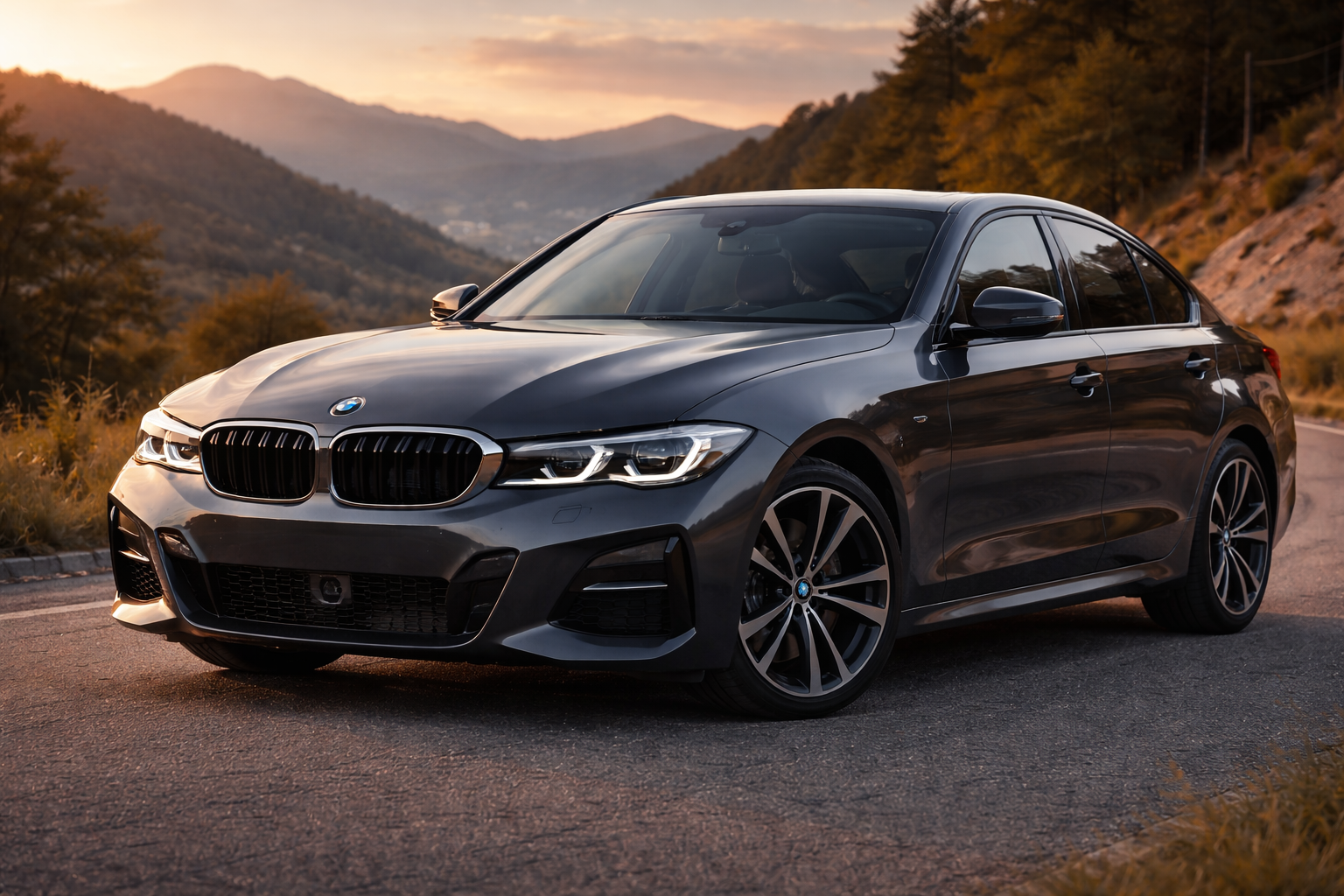 BMW Série 3 récente vue trois-quarts avant au coucher du soleil sur route panoramique, berline sportive premium bleu foncé, format paysage 16:9, rendu ultra réaliste haute résolution.