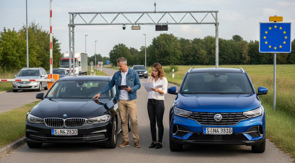 acheter une voiture à l’étranger Deux personnes vérifient des documents devant des voitures immatriculées à l'étranger, près d'un poste de frontière européen avec panneau de l'UE et barrière.