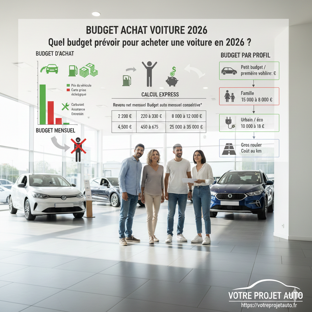 Infographie budget achat voiture 2026 : tableau de capacité d'achat par revenu, calcul du coût mensuel (assurance, carburant, entretien) et profils types de conducteurs dans un showroom Votre Projet Auto.