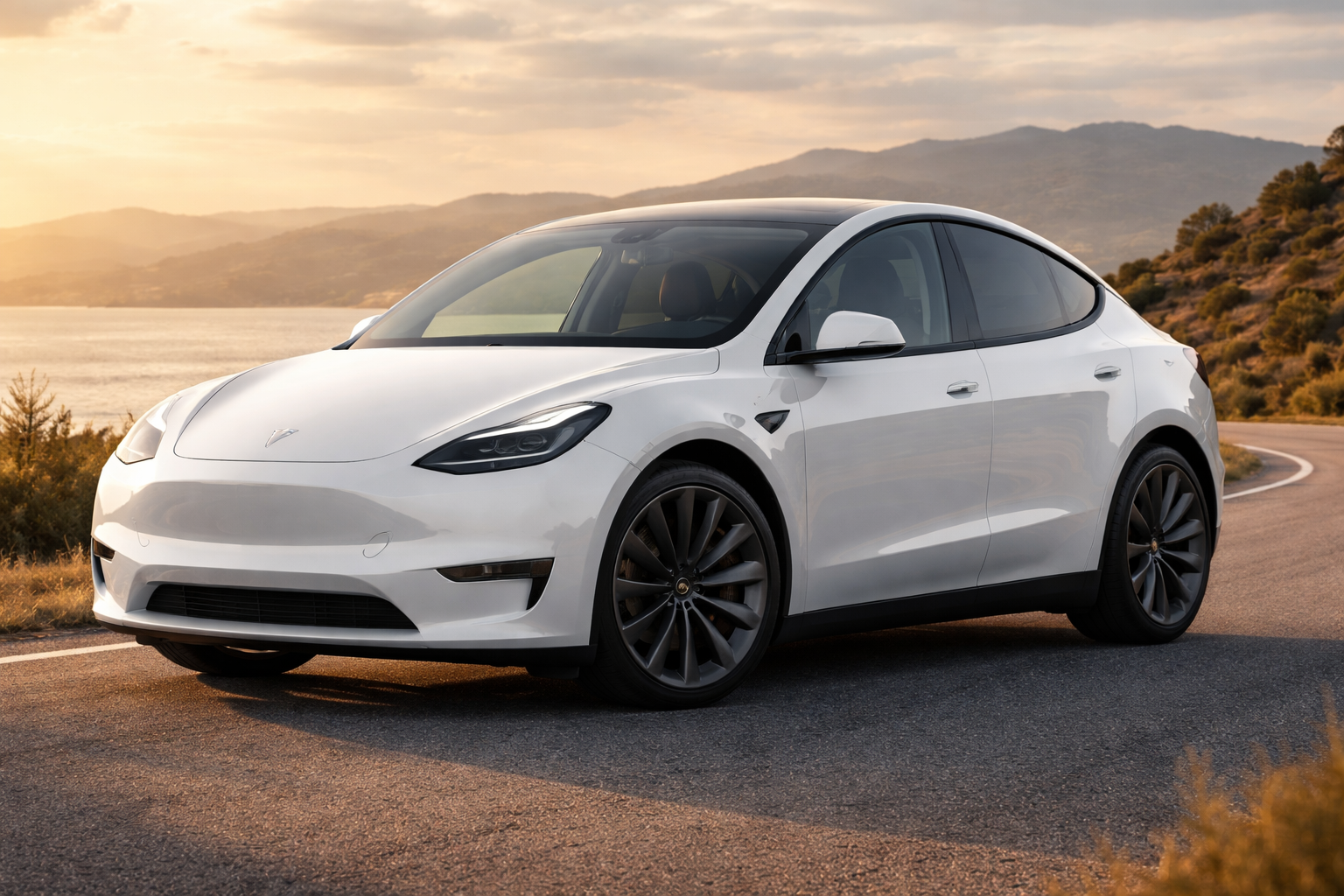 Tesla Model Y électrique gris métallisé vue de trois quarts avant sur route panoramique, SUV moderne en format paysage sans texte