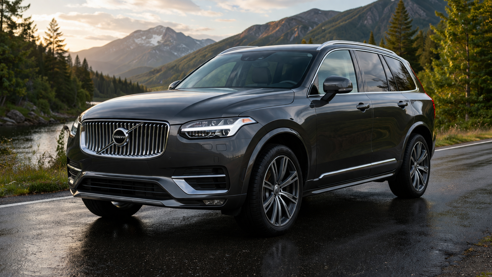 Volvo XC90 SUV de luxe sur route panoramique environnement naturel voiture familiale sécurisée design premium vue avant paysage