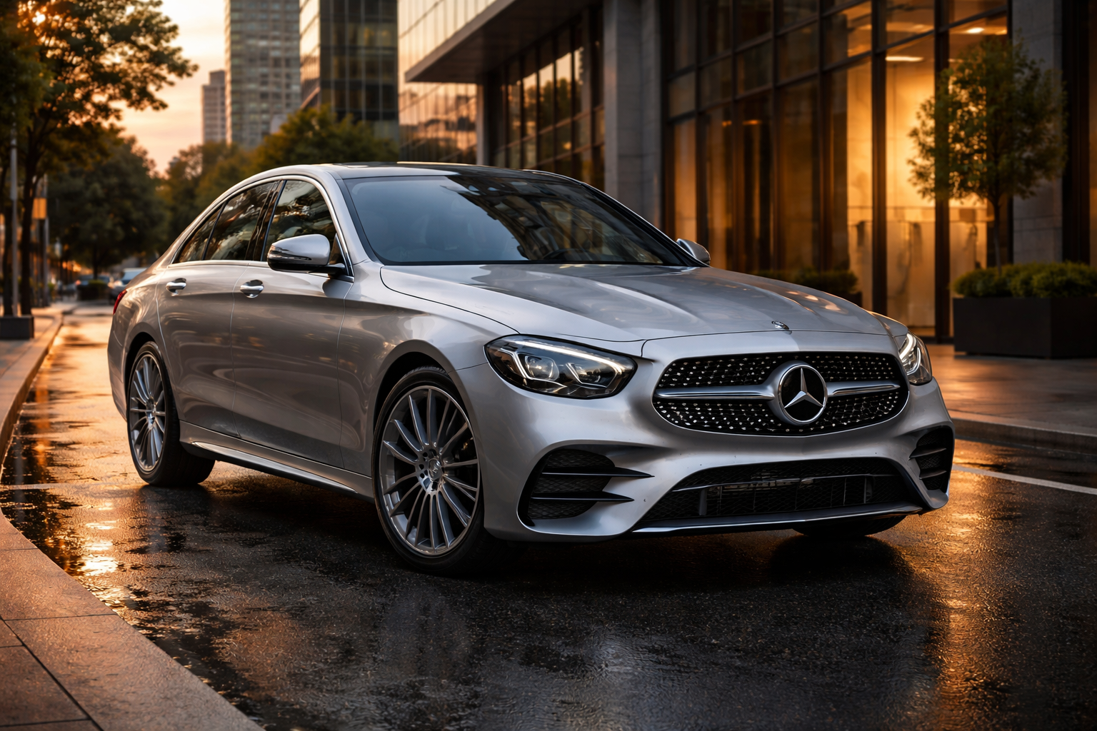 Mercedes Classe E berline premium sur route urbaine design élégant voiture sécurisée vue avant environnement moderne luxe