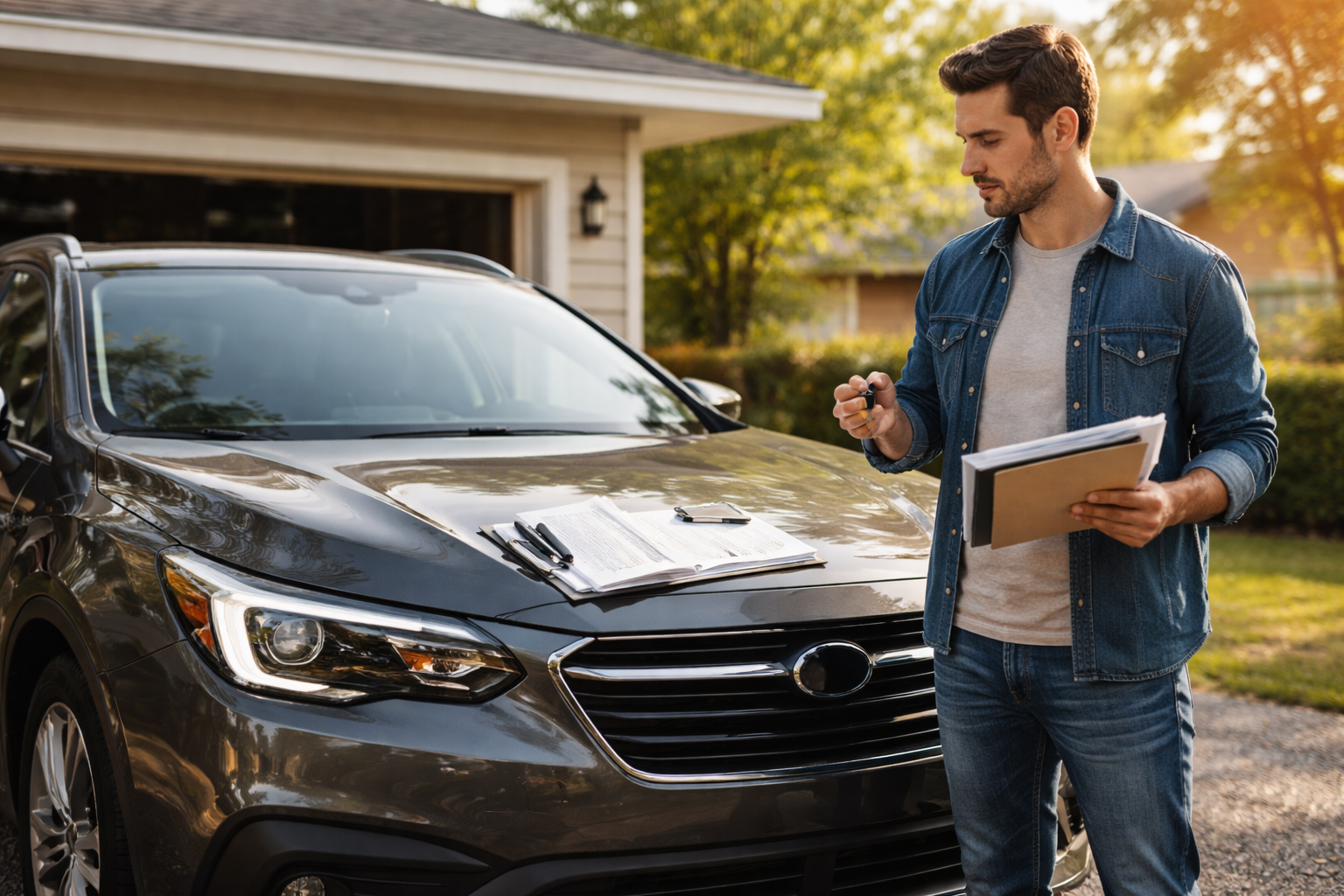 achat voiture occasion documents et clés véhicule contrôle administratif vérification après achat voiture sur allée résidentielle conducteur inspectant véhicule