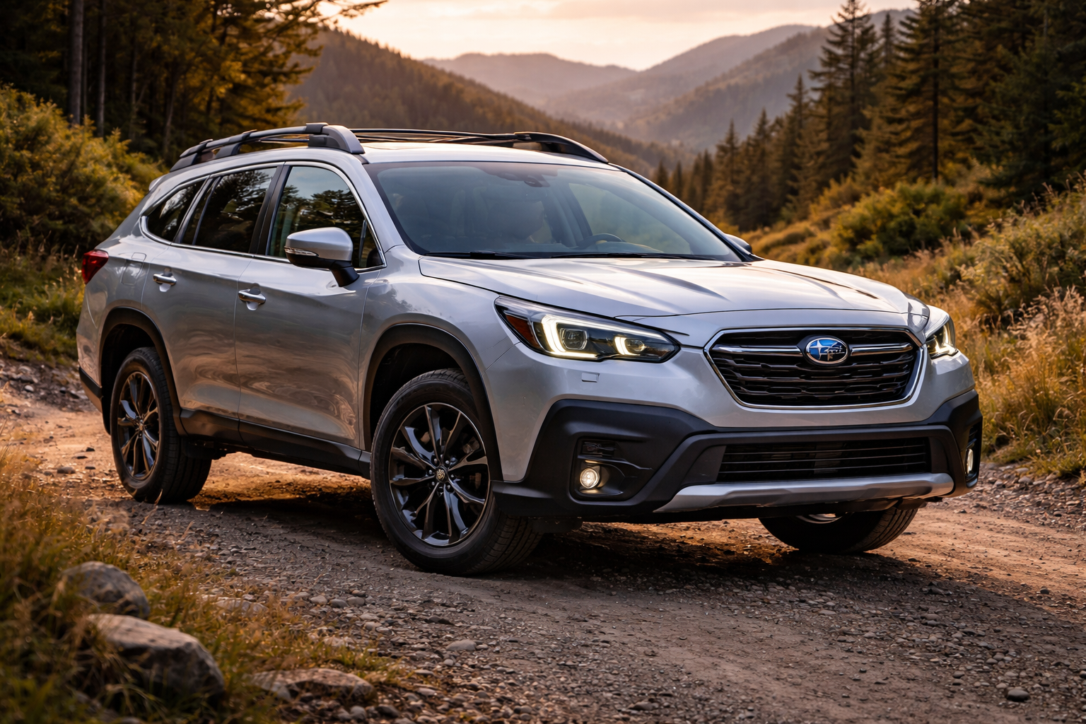 Subaru Outback SUV sur chemin rural montagneux voiture familiale tout-terrain environnement nature sécurité et stabilité vue avant