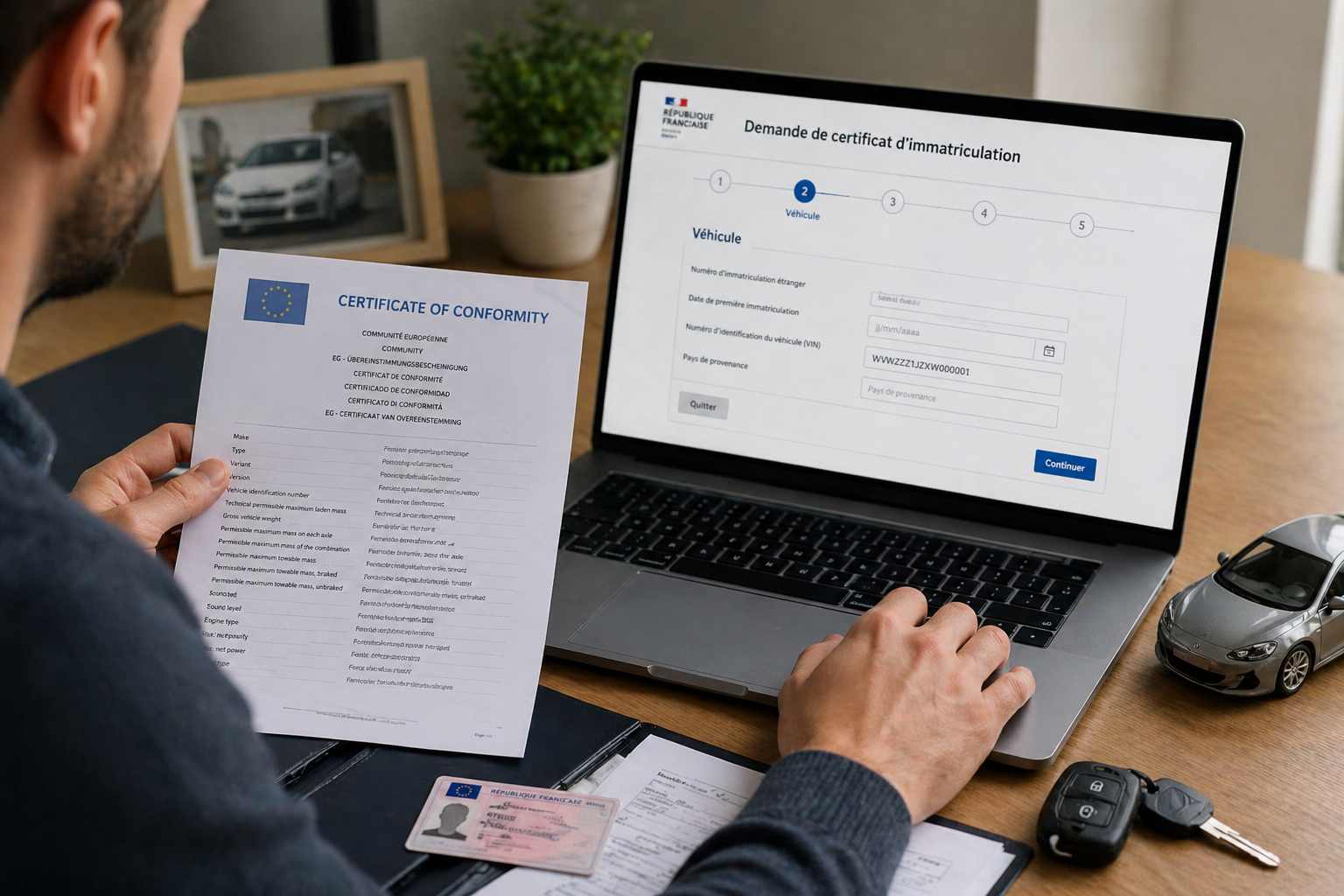 certificat de conformité véhicule document COC sur bureau administratif avec ordinateur demande immatriculation voiture importée Europe vérification papiers voiture