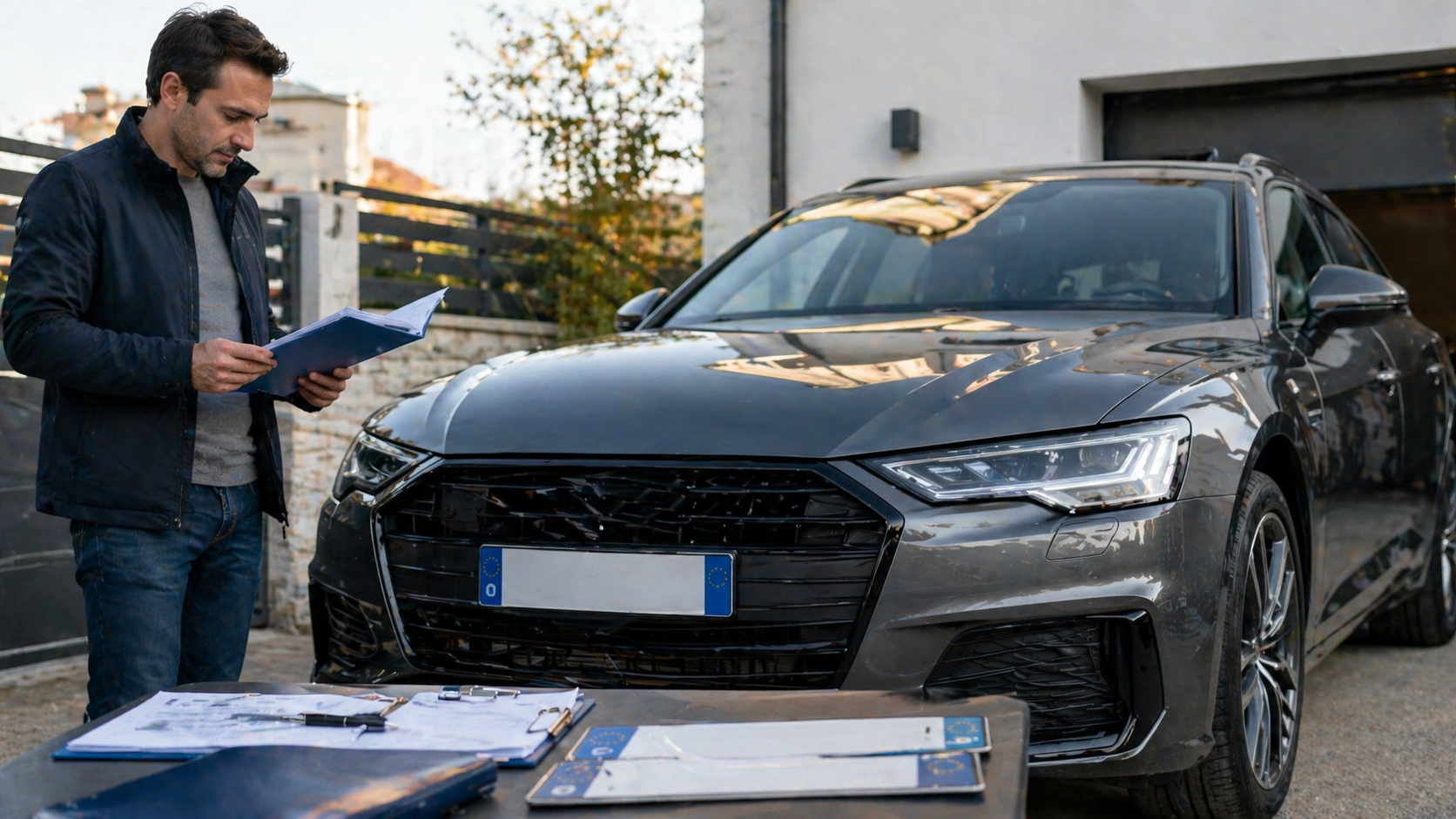 immatriculation voiture étrangère en France véhicule européen avec plaques en cours installation documents administratifs sur table conducteur vérifiant dossier import automobile