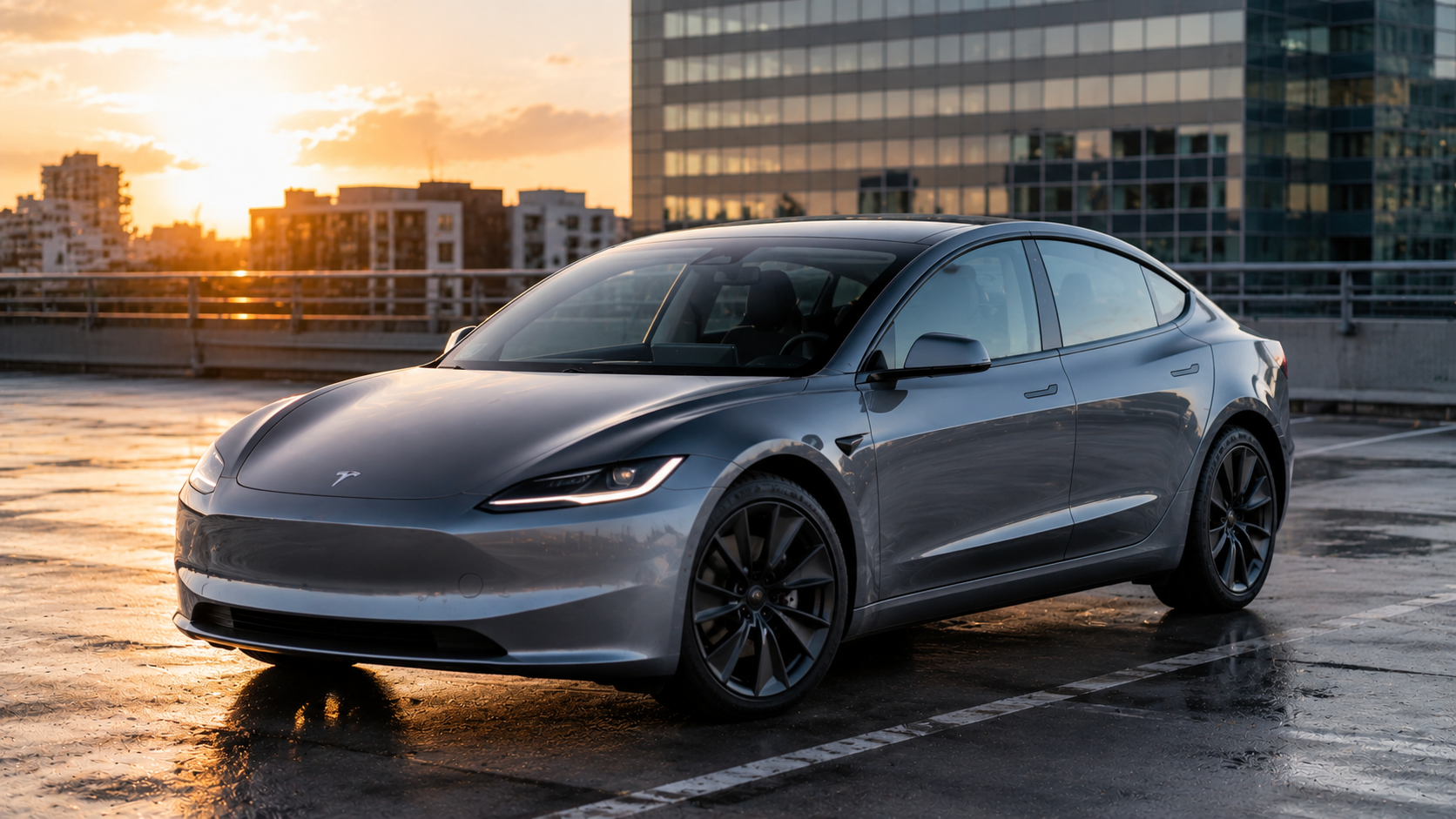Tesla modele 3 tesla modele 3 au coucher de soleil dans un parking, paysage urbain