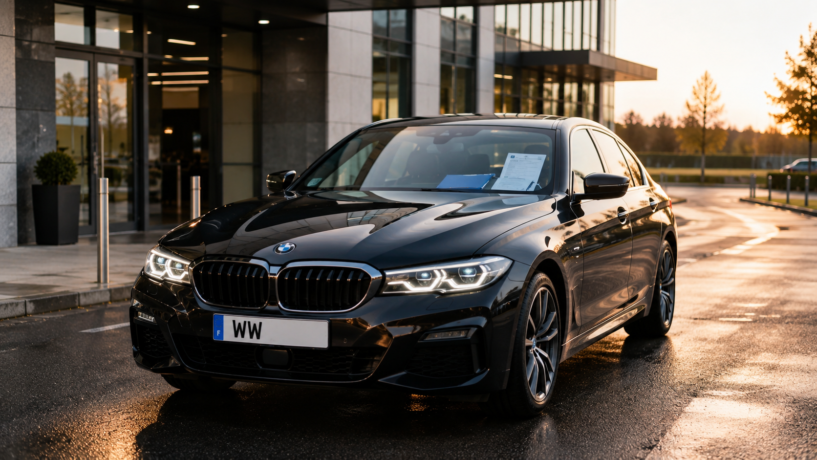 assurance-voiture-importée Voiture BMW noire importée avec plaque WW stationnée devant un bâtiment moderne au coucher du soleil, représentant une assurance auto temporaire et une immatriculation française en cours pour véhicule importé.