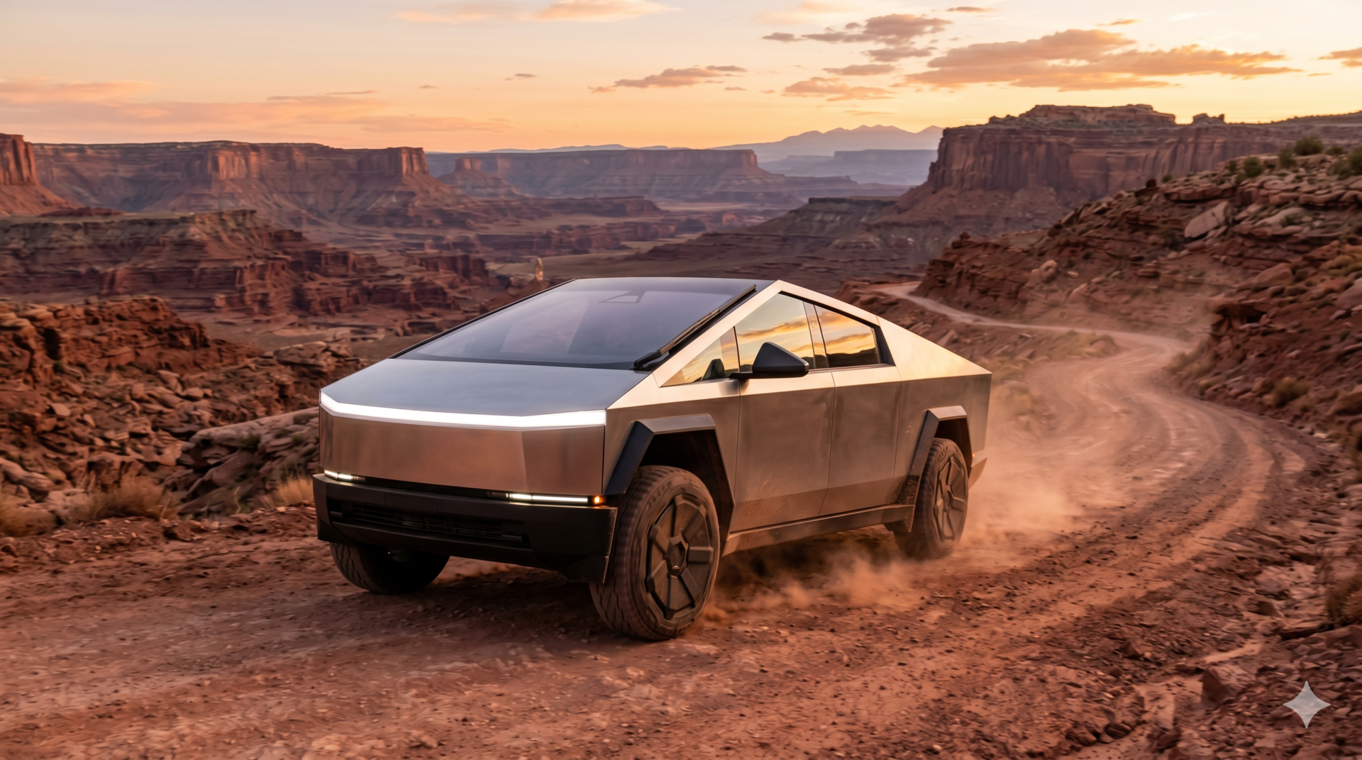 tesla cybertruck Pick-up électrique Tesla Cybertruck en acier inoxydable roulant sur une piste de terre dans un canyon au coucher du soleil - Guide de la meilleure Tesla