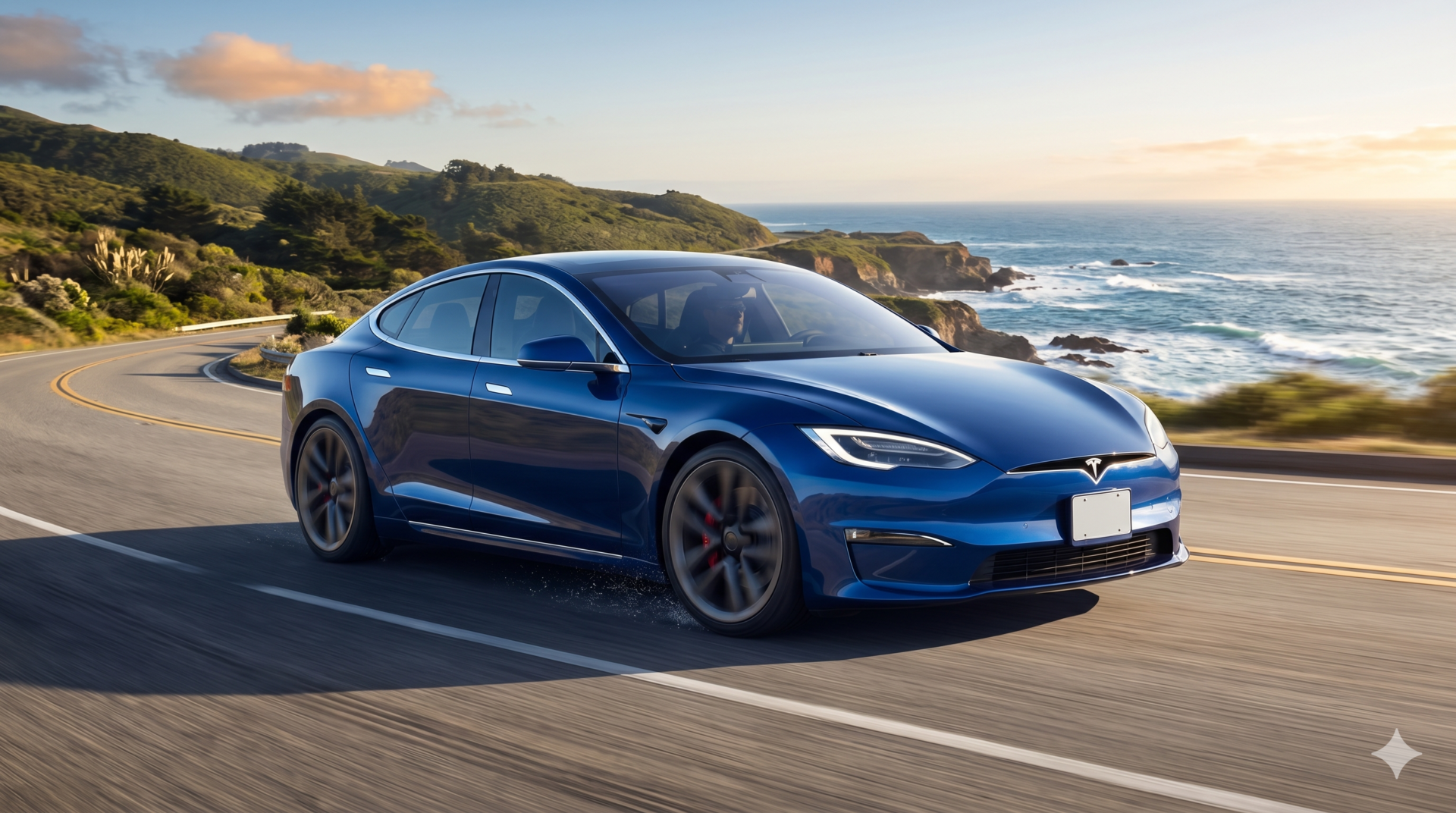 tesla model S Tesla Model S bleue en mouvement sur une route côtière en bord de mer - Guide comparatif de la meilleure Tesla