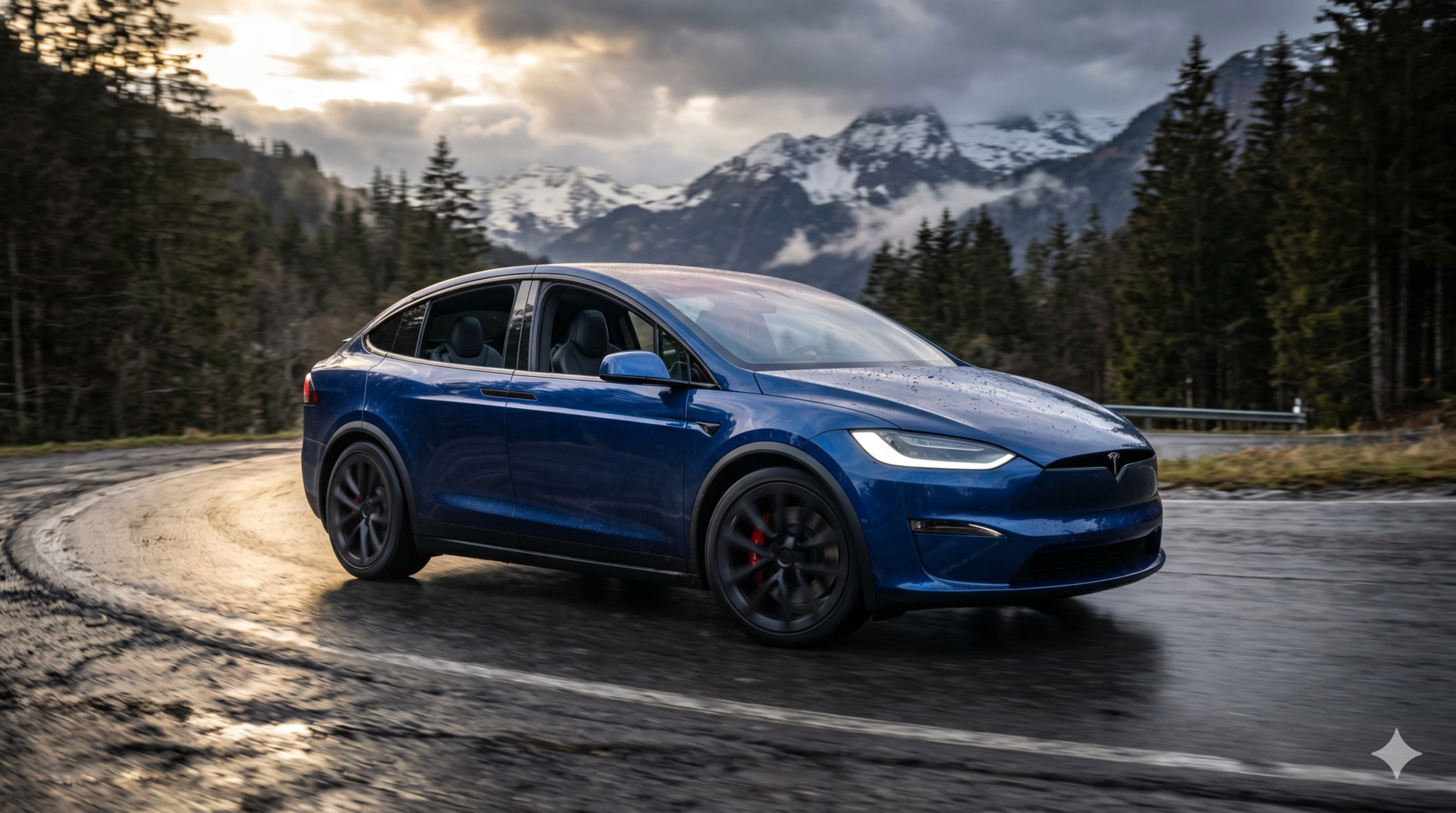 tesla model X SUV électrique Tesla Model X bleu en mouvement sur une route de montagne mouillée - Comparatif de la meilleure Tesla