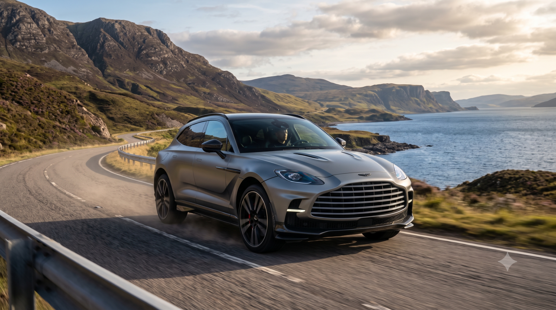 Aston Martin DBX707 Aston Martin DBX707 gris satiné en dynamique sur une route côtière sinueuse