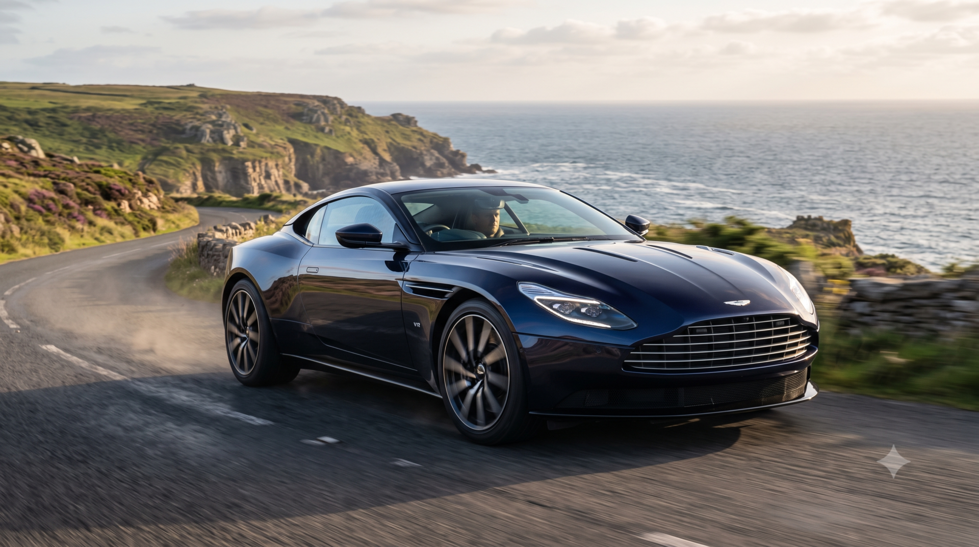 aston martin DB11 Aston Martin DB11 bleu nuit en dynamique sur une route côtière ensoleillée