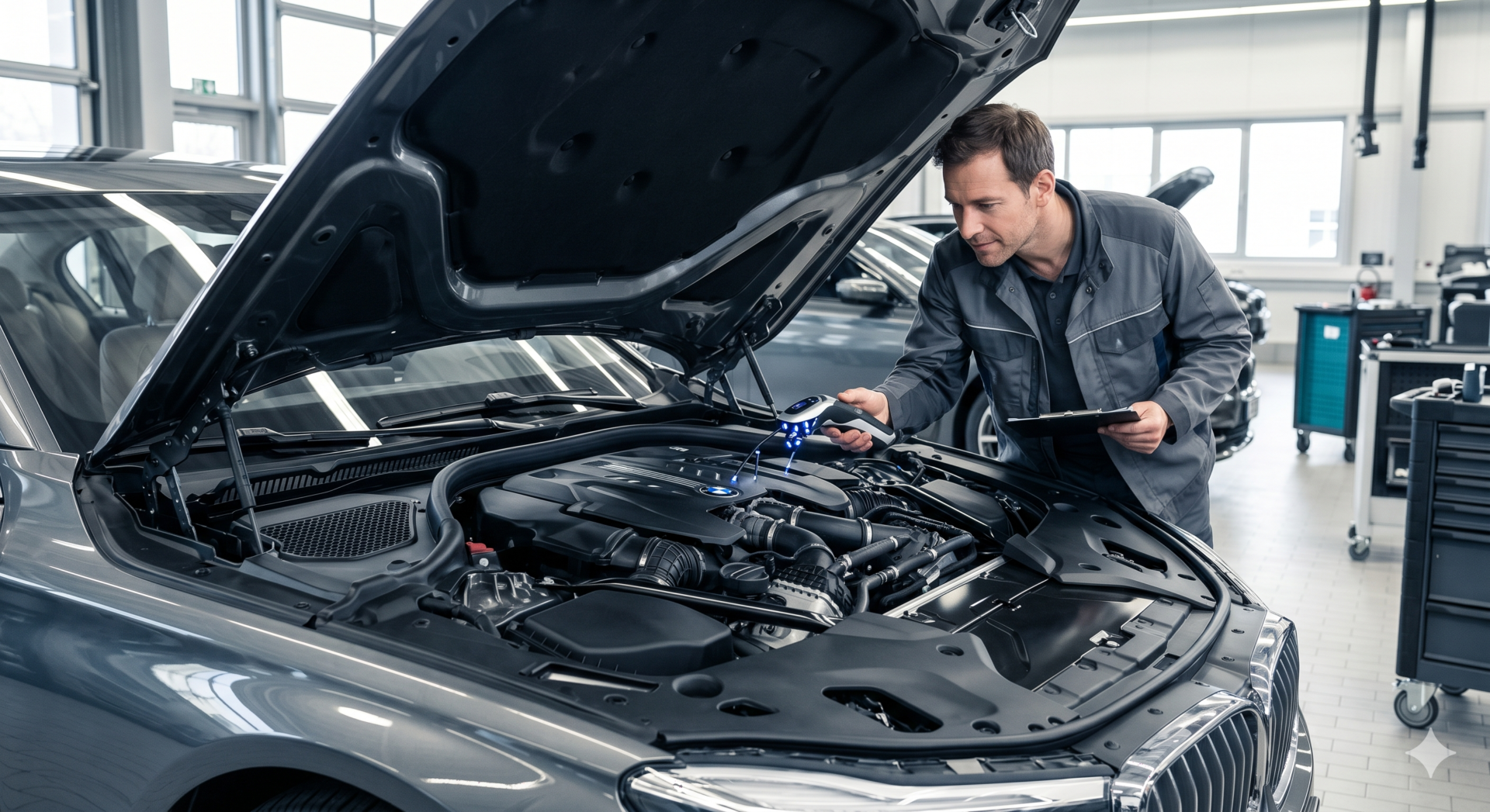 comment vérifier une voiture d’occasion Expert automobile inspectant minutieusement le compartiment moteur d'une berline d'occasion