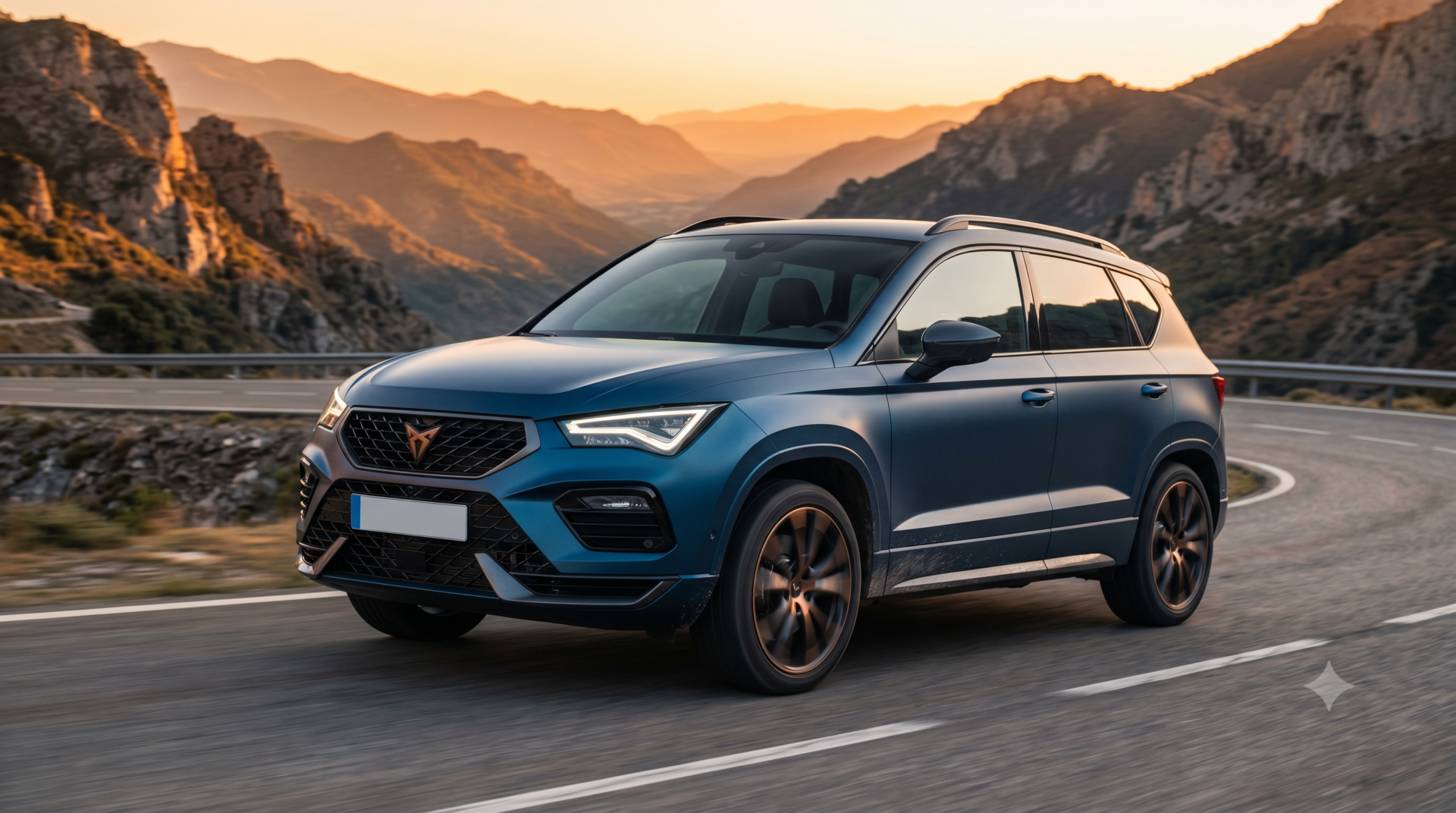 cupra ateca SUV sportif Cupra Ateca bleu mat circulant sur une route de montagne au coucher du soleil