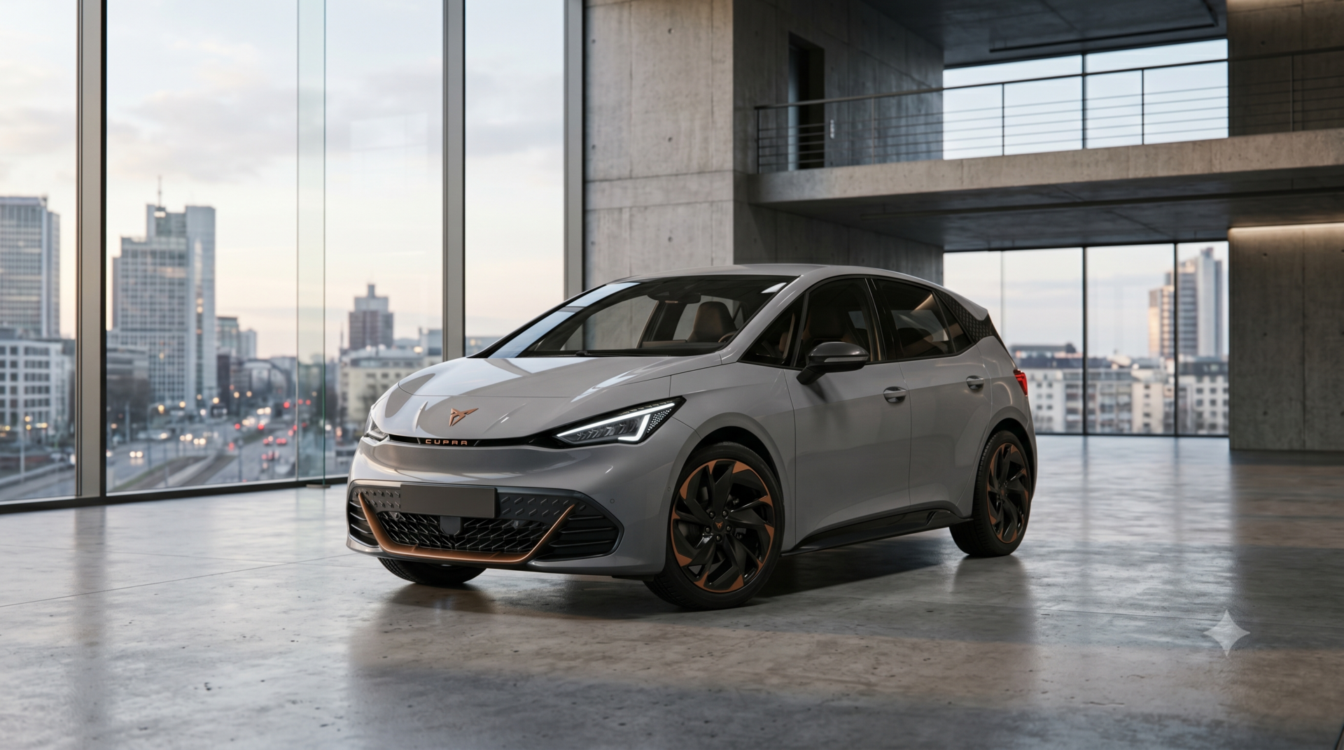 cupra born Voiture électrique Cupra Born gris Vapor Grey garée dans un garage au design moderne
