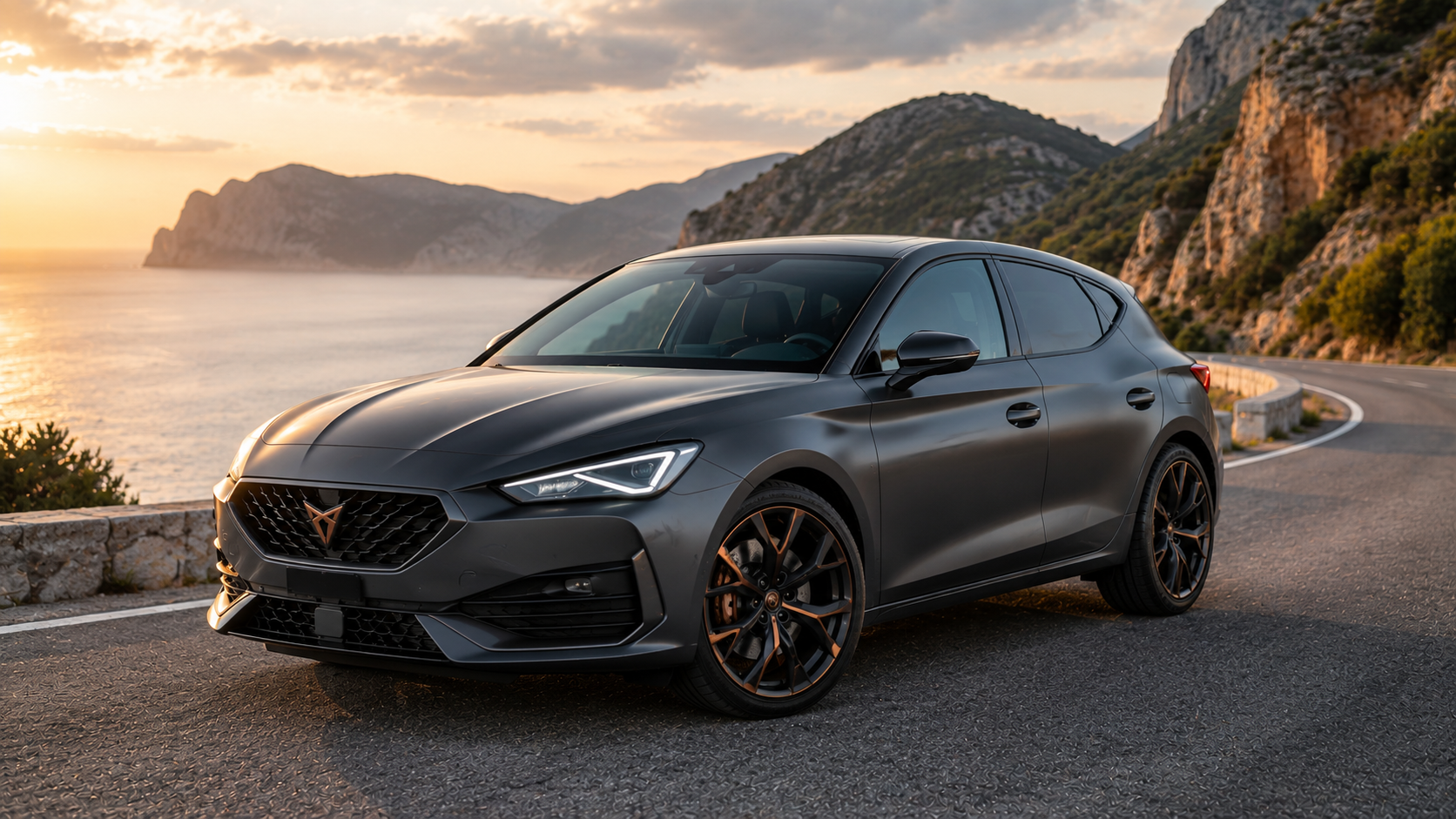 cupra leon Cupra Leon sportive grise roulant sur une route de montagne au coucher du soleil, vue trois quarts avant, design dynamique et finitions premium