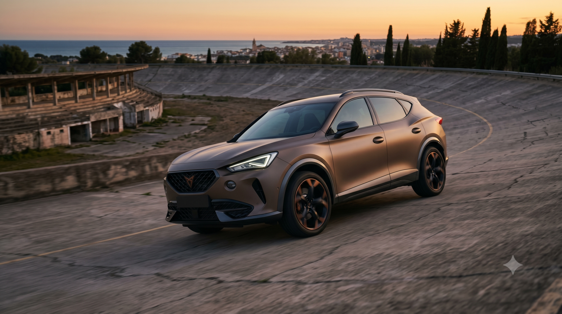 cupra terramar SUV compact Cupra Terramar bronze mat circulant sur le virage relevé du circuit de Terramar au coucher du soleil