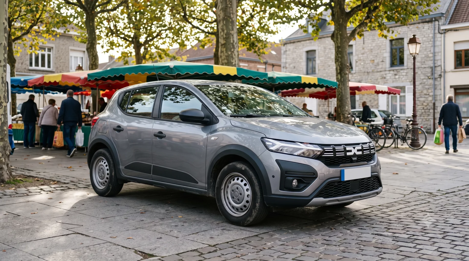 dacia sandero Dacia Sandero grise stationnée sur une place pavée à côté d'un marché en plein air