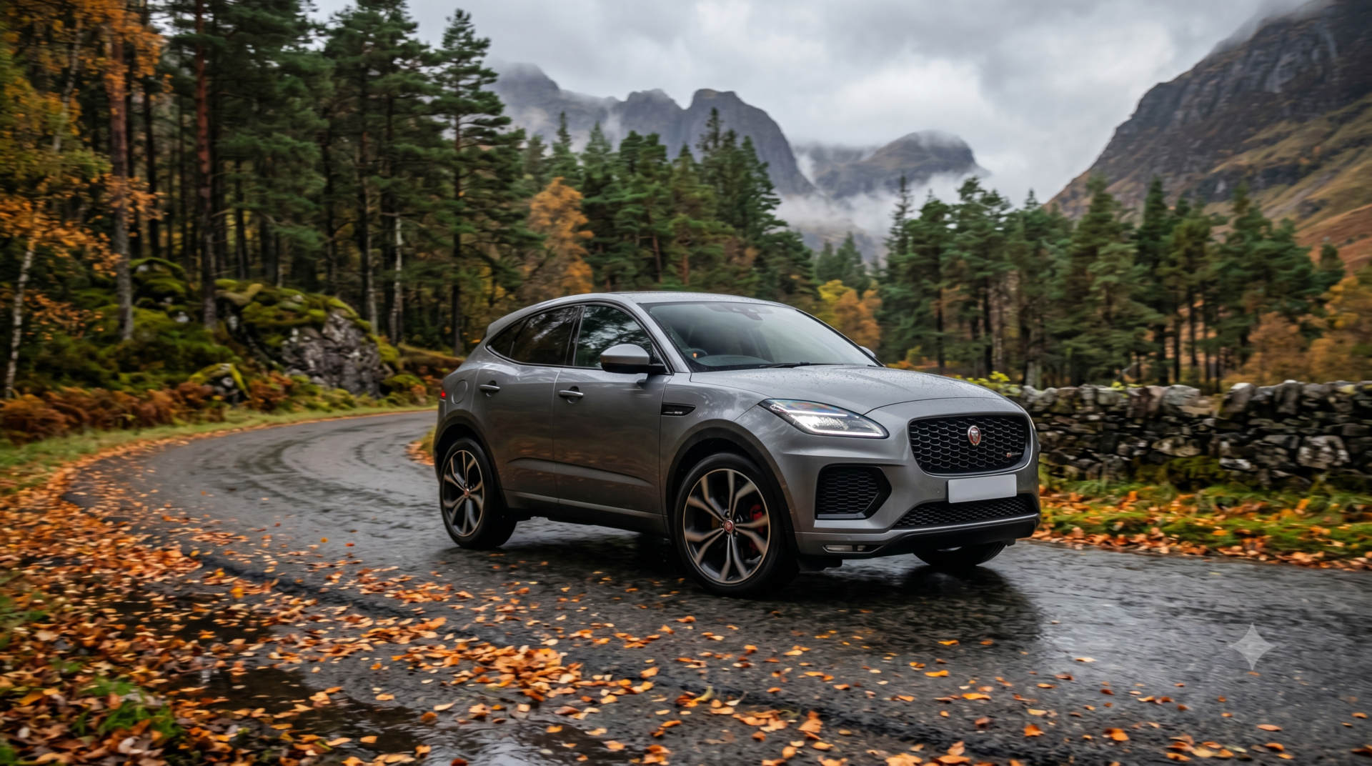 jaguar e-pace Jaguar E-Pace SUV gris métallisé roulant sur une route humide bordée de sapins et de feuilles d'automne