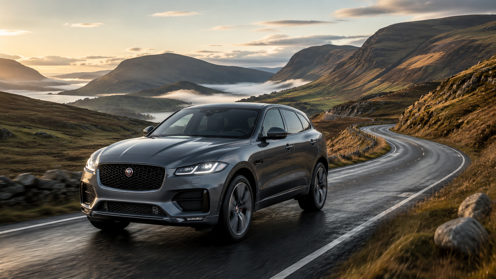 jaguar f-pace Jaguar F-Type grise au premier plan sur une route côtière montagneuse élégante et luxueuse.