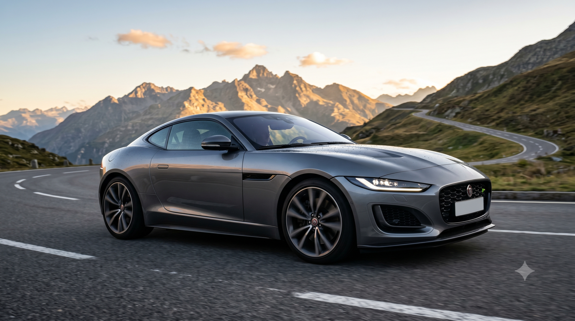jaguar f type Jaguar F-Type Coupé gris métallisé sur une route de montagne sinueuse