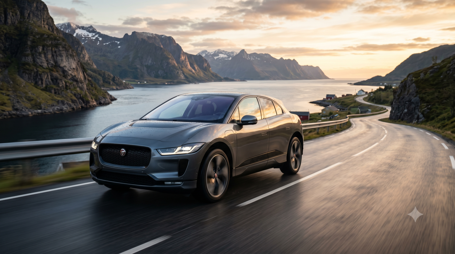 jaguar i-pace Jaguar I-Pace électrique gris anthracite roulant sur une route côtière bordée de fjords au coucher du soleil