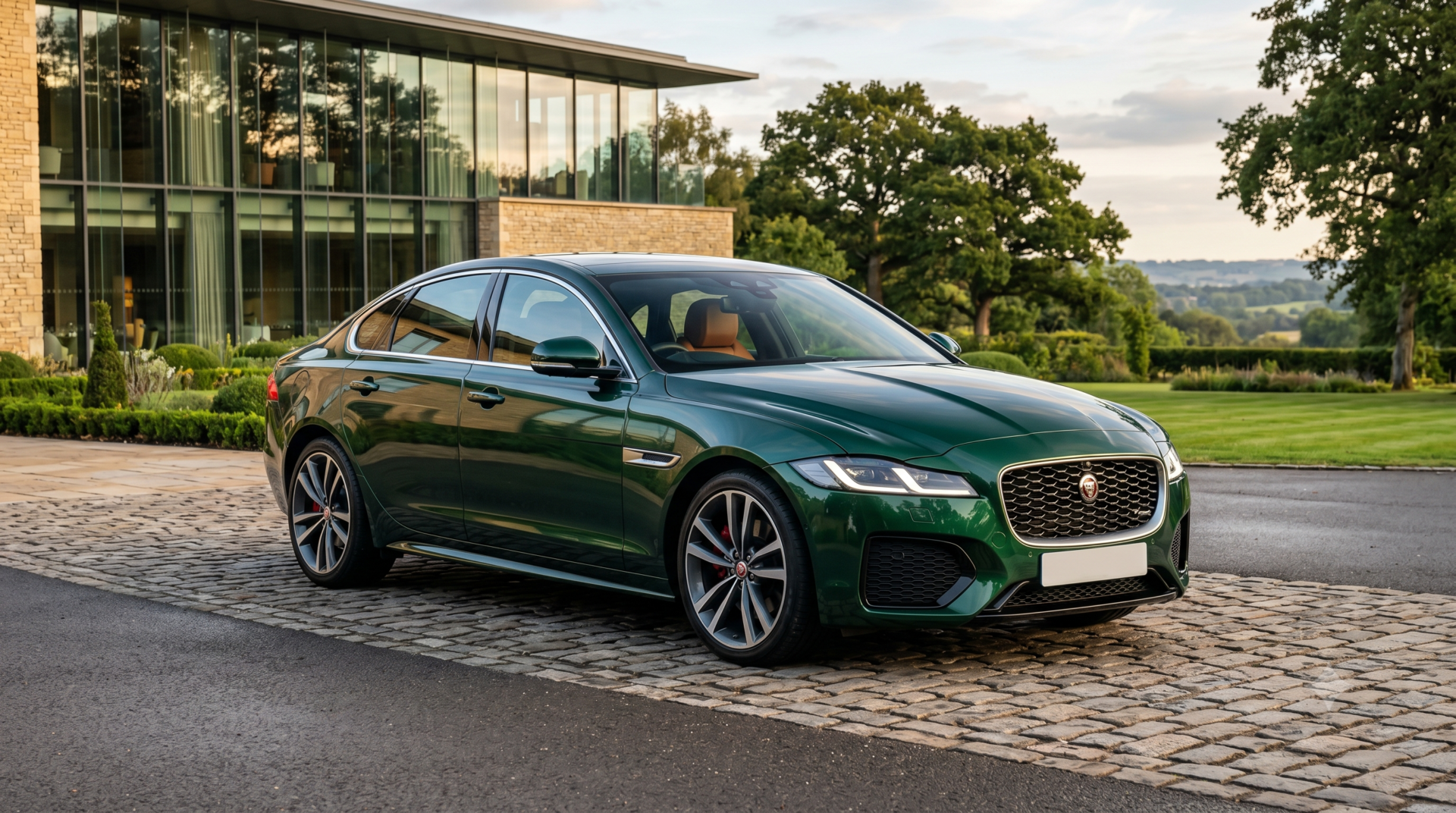 jaguar xf Jaguar XF berline vert anglais garée sur une allée pavée devant une propriété moderne