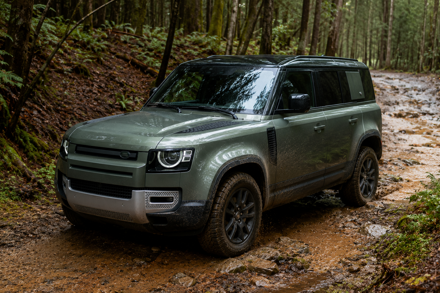 land rover defender land rover defender sur une route boueuse