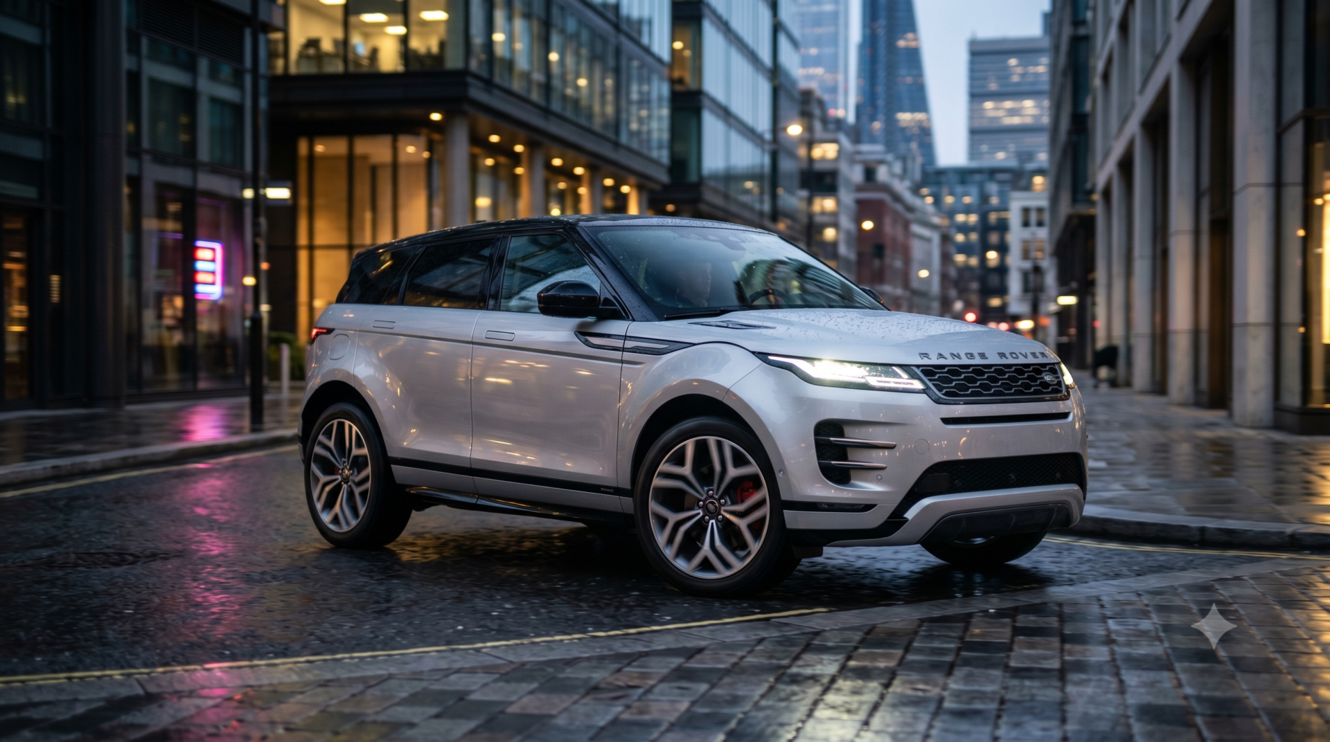 land rover range rover evoque Range Rover Evoque SUV gris métallisé sur une rue pavée humide en ville au crépuscule