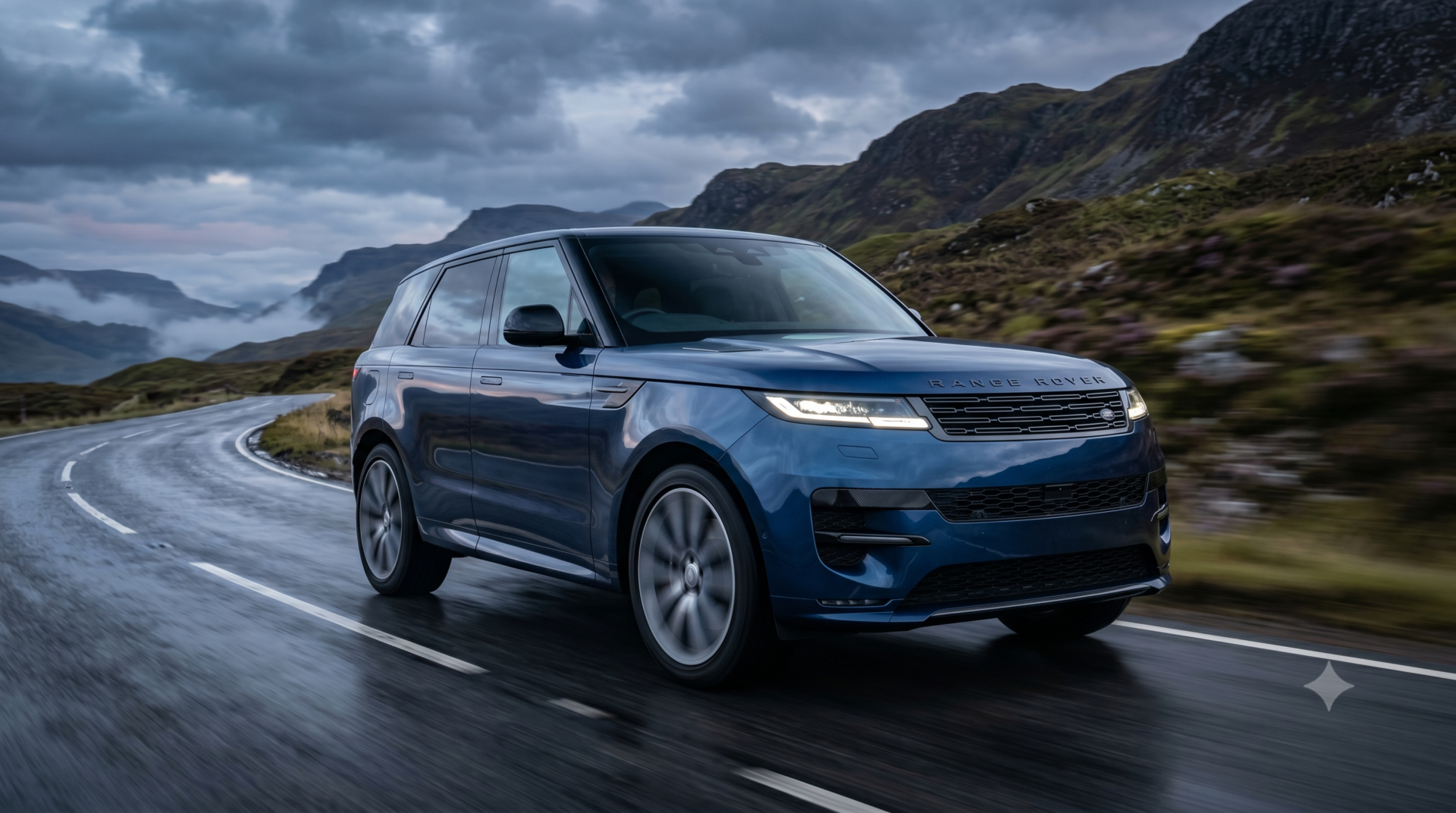land rover range rover sport Range Rover Sport SUV bleu métallisé roulant sur une route de montagne humide sous un ciel nuageux