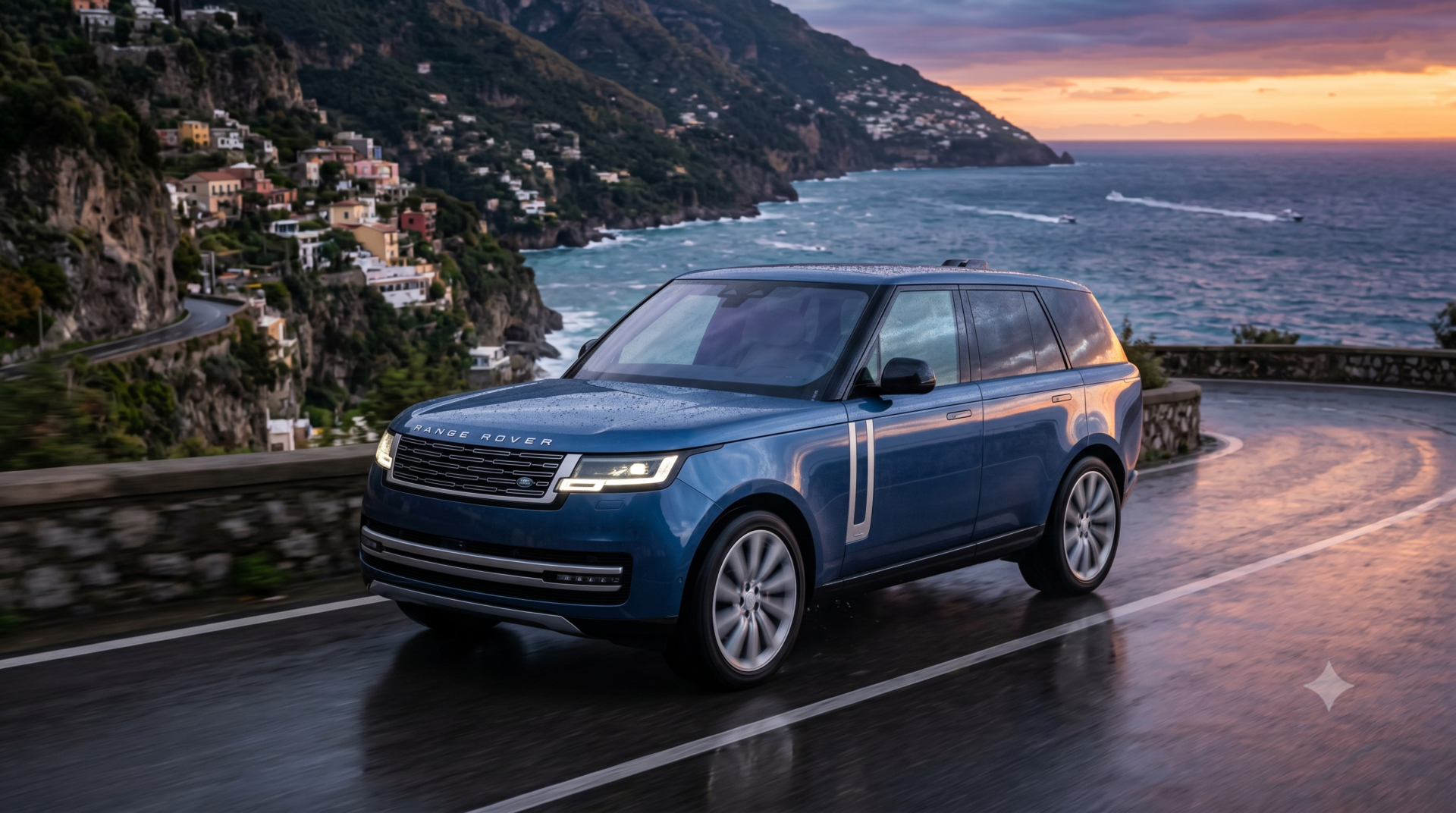 land rover ranger rover Range Rover SUV bleu métallisé roulant sur une route côtière humide au coucher du soleil
