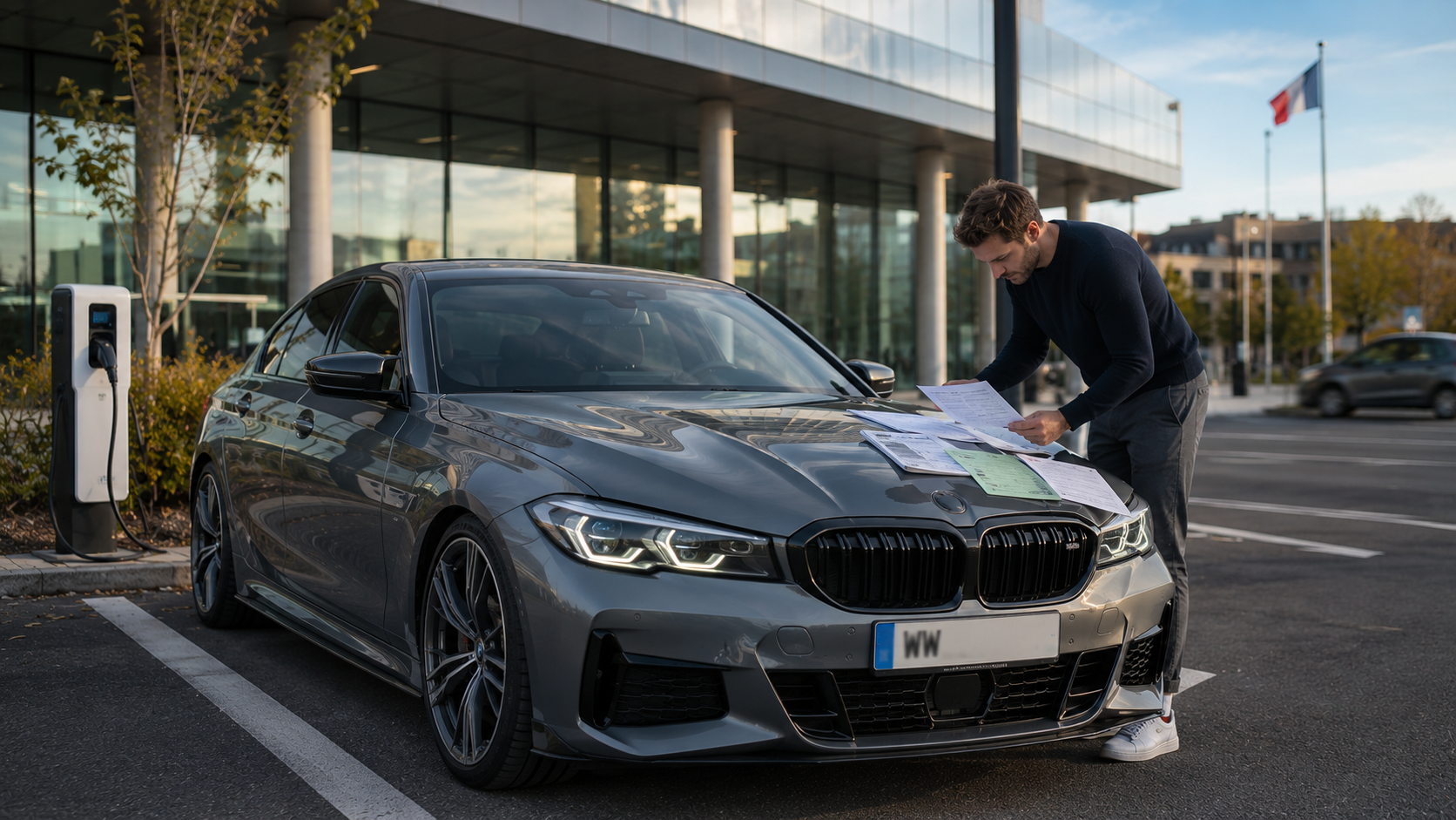 malus ecologique voiture importee Berline sportive allemande importée avec plaque provisoire WW stationnée devant un centre administratif moderne en France, propriétaire consultant des documents d’immatriculation pour les démarches liées au malus écologique et à l'importation du véhicule.