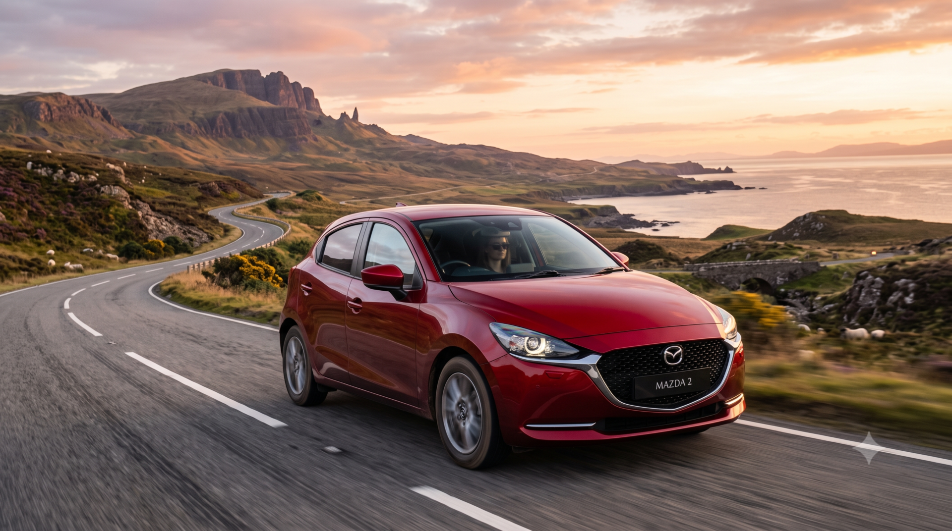 mazda 2 Mazda 2 rouge métallisé en dynamique sur une route côtière au coucher du soleil
