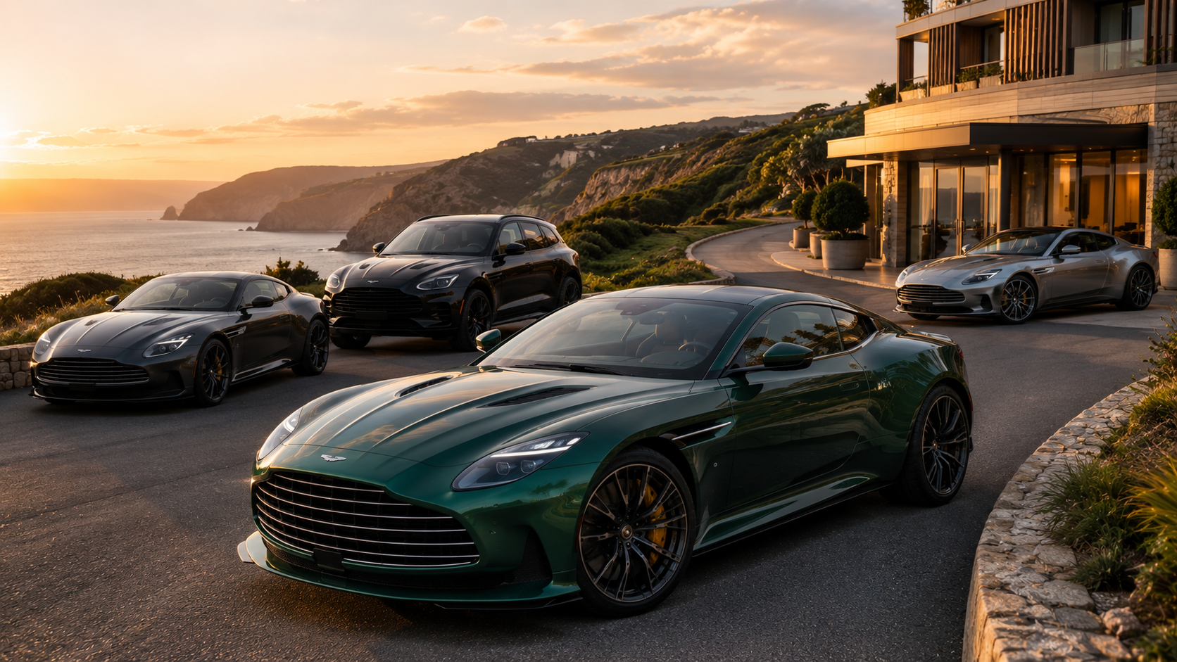 meilleur-aston-martin Aston Martin DB12 vert émeraude au premier plan sur une route côtière britannique au coucher du soleil, accompagnée d’une Vantage, d’un DBX707 et d’une Vanquish dans un environnement de luxe avec falaises et hôtel contemporain
