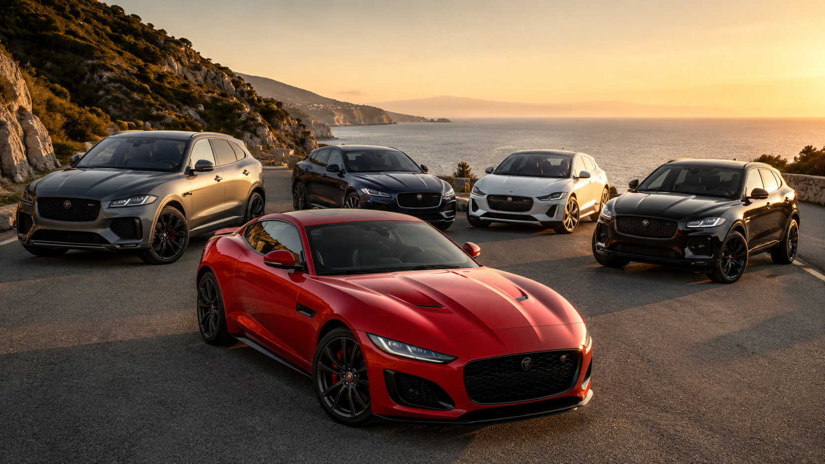 meilleur jaguar Jaguar F-Type rouge au premier plan entourée des modèles F-Pace, XF, I-Pace et E-Pace sur une route côtière au lever du soleil, dans un paysage maritime élégant et luxueux.