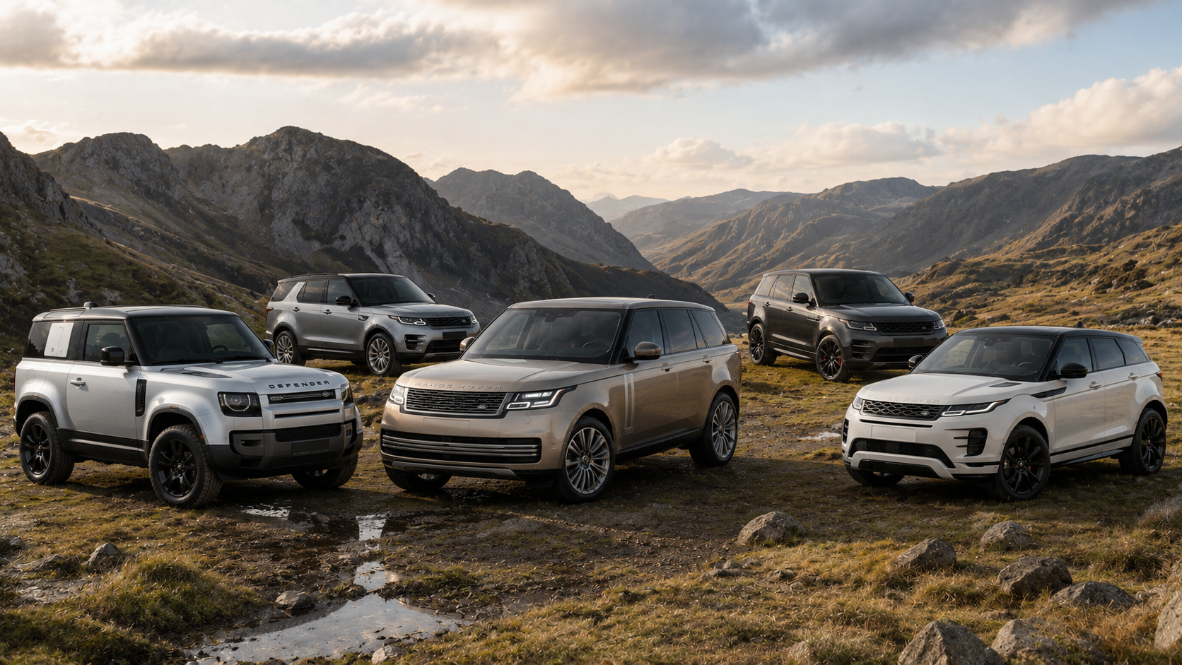 meilleur land rover Land Rover Defender, Range Rover, Range Rover Sport, Discovery et Evoque réunis sur un plateau montagneux, illustrant le comparatif des meilleurs modèles Land Rover dans un paysage naturel spectaculaire.
