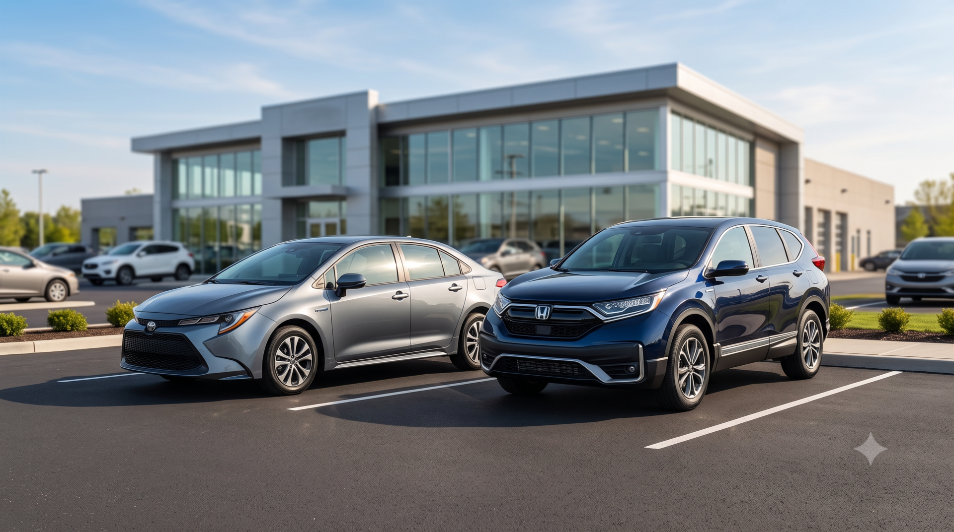 voiture d’occasion la plus fiable Toyota Corolla grise et SUV Honda CR-V bleu nuit stationnés sur le parc d'une concession de voitures d'occasion