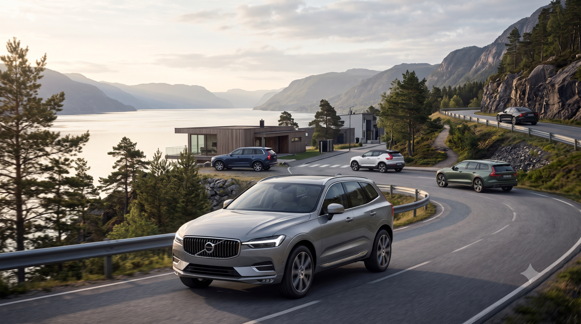 meilleur volvo Sélection de modèles Volvo modernes avec un SUV XC60 gris argent sur une route côtière face à un fjord scandinave au lever du soleil