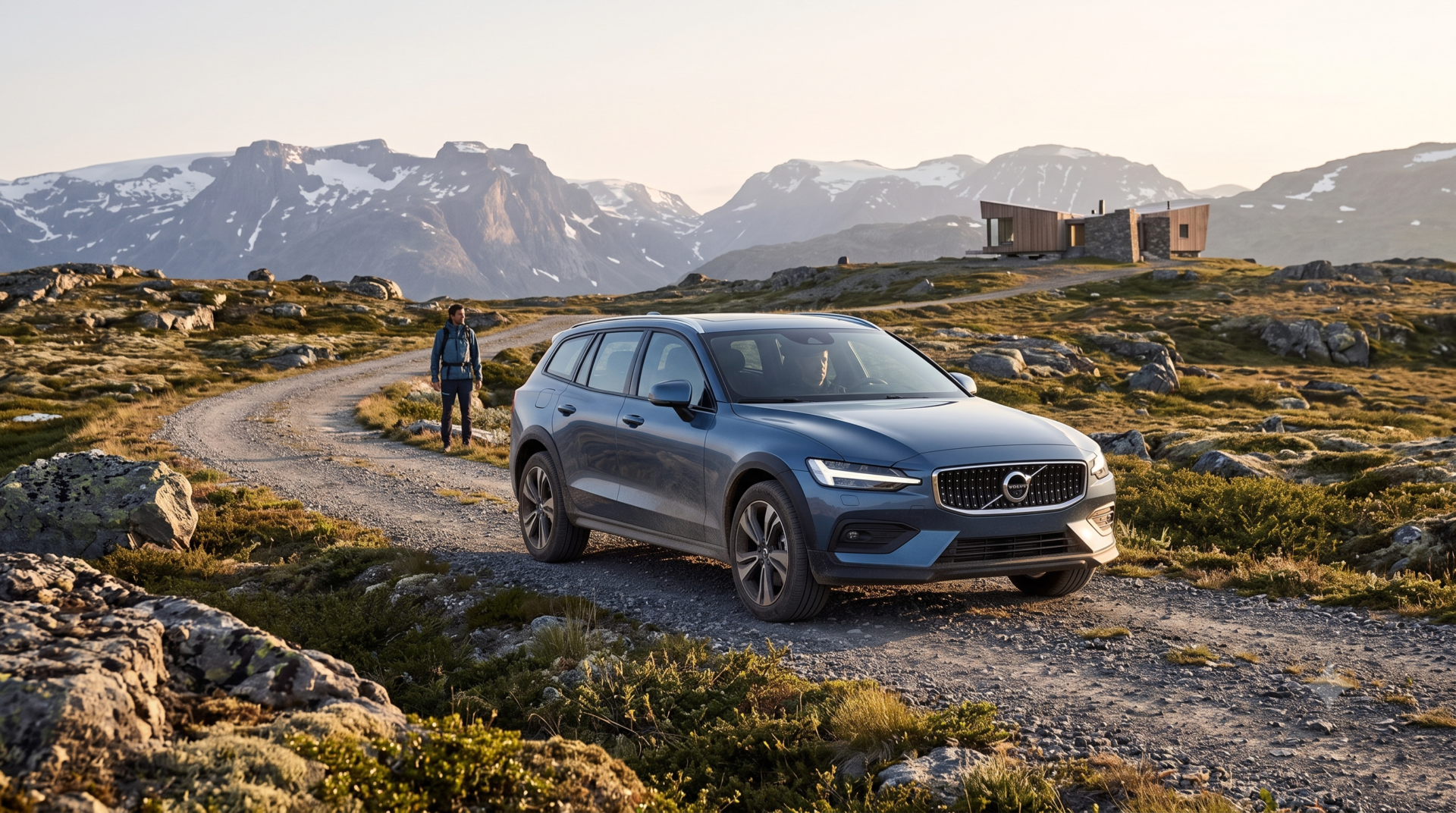 volvo V60 cross country Break surélevé Volvo V60 Cross Country bleu sur un chemin de terre au cœur d'un paysage de montagne scandinave