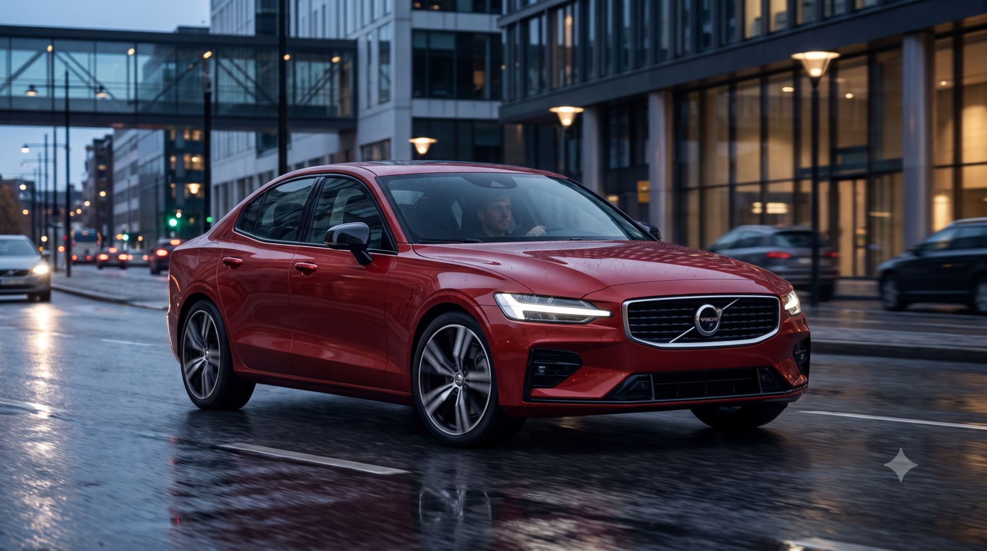 volvo s60 Berline premium Volvo S60 rouge circulant sur une chaussée humide au cœur d'un quartier urbain moderne en soirée