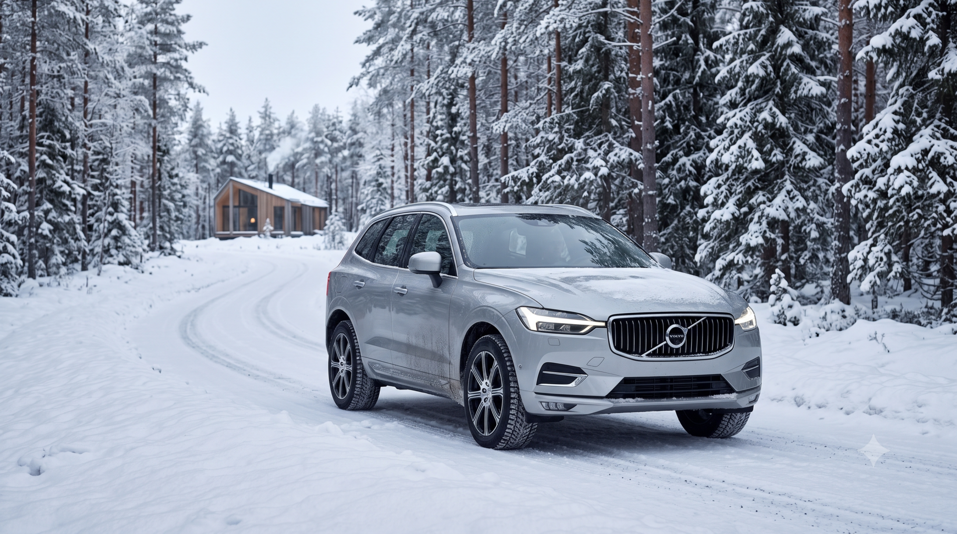 volvo xc60 SUV premium Volvo XC60 argenté stationné sur une route enneigée au cœur d'une forêt scandinave en hiver